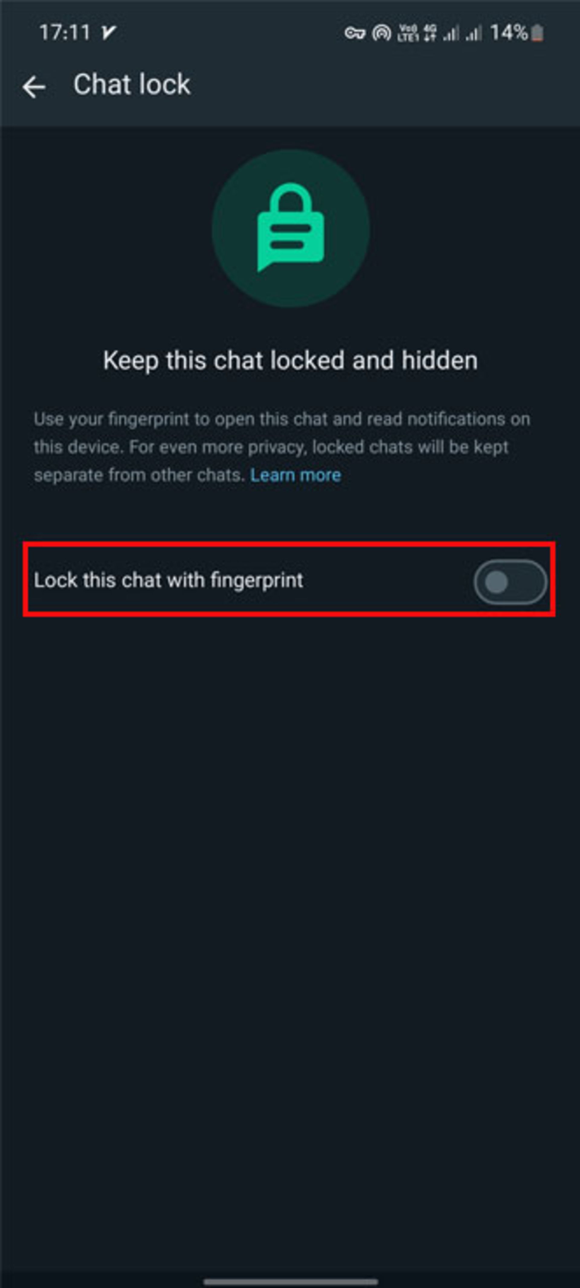 گزینه‌ی Lock this chat with fingerprint