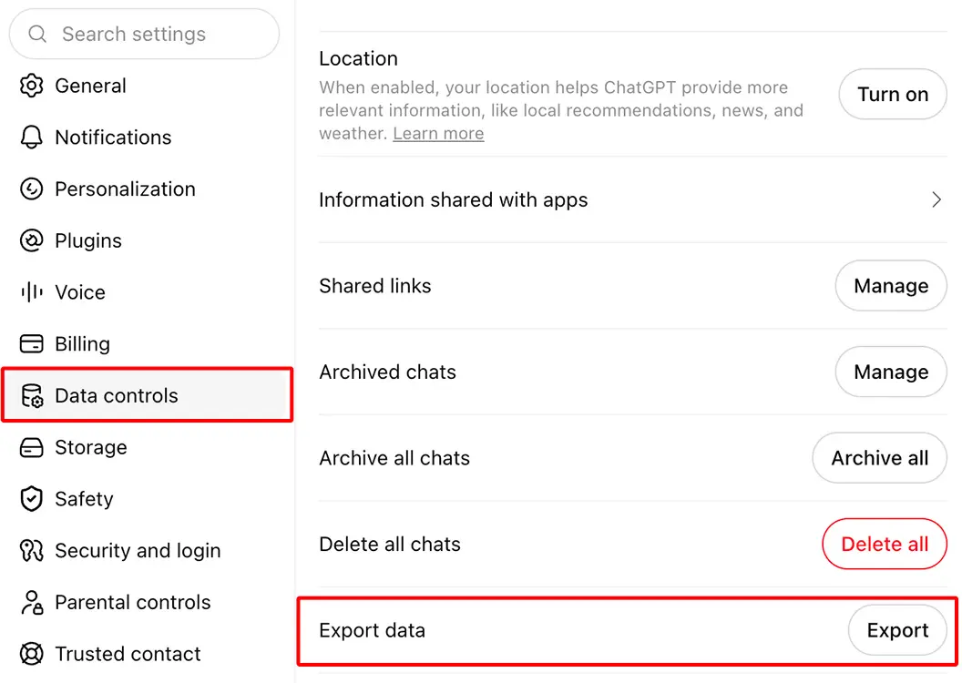 بخش کنترل داده‌ها (Data controls) در تنظیمات ChatGPT برای خروجی گرفتن از اطلاعات