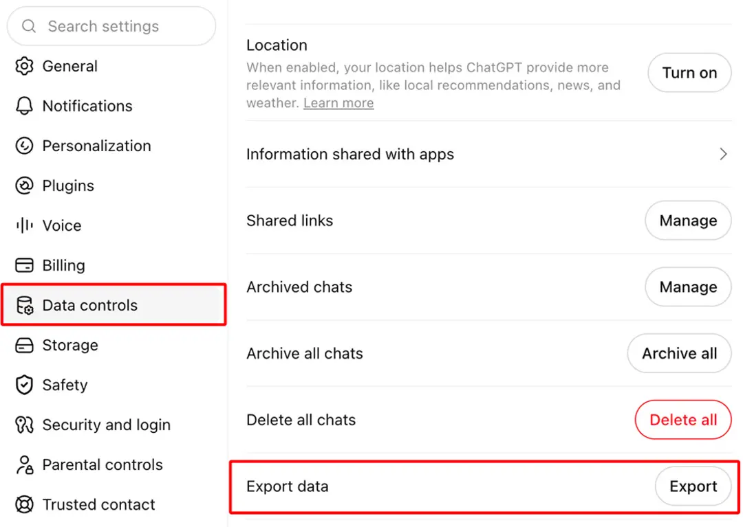 بخش کنترل داده‌ها (Data controls) در تنظیمات ChatGPT برای خروجی گرفتن از اطلاعات
