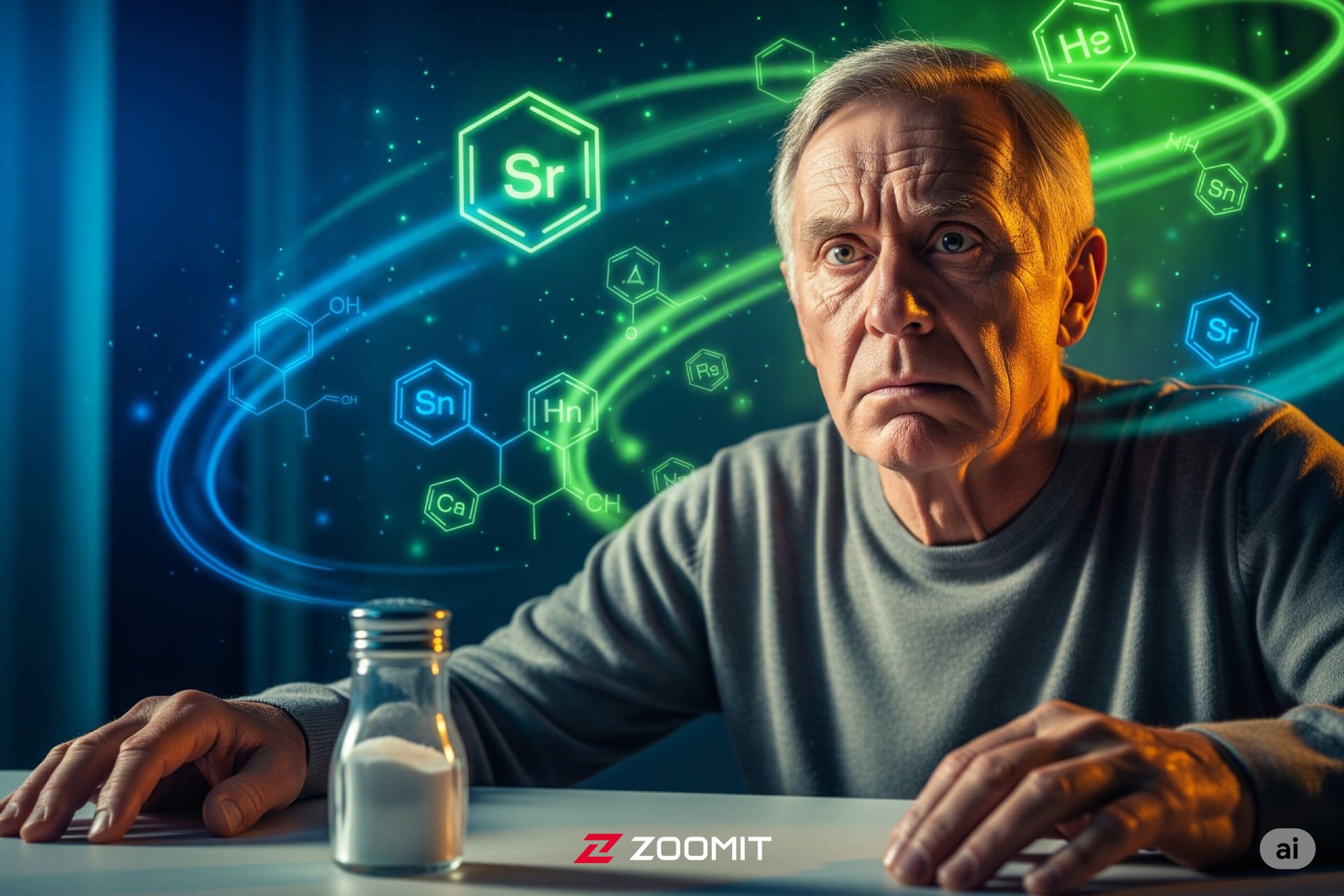 تصویرسازی از مردی مسن در پس‌زمینه نمادهای شیمیایی