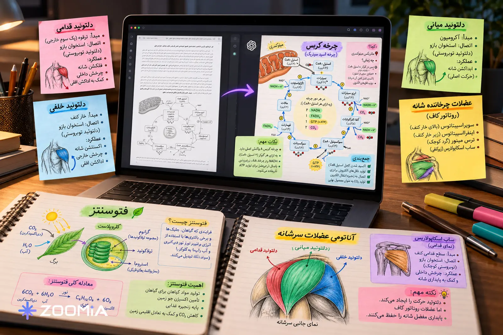 نمای لپ‌تاپ و دفترچه یادداشت حاوی نمودارهای آموزشی و دستورات ChatGPT