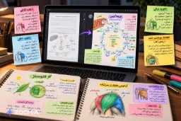 نمای لپ‌تاپ و دفترچه یادداشت حاوی نمودارهای آموزشی و دستورات ChatGPT