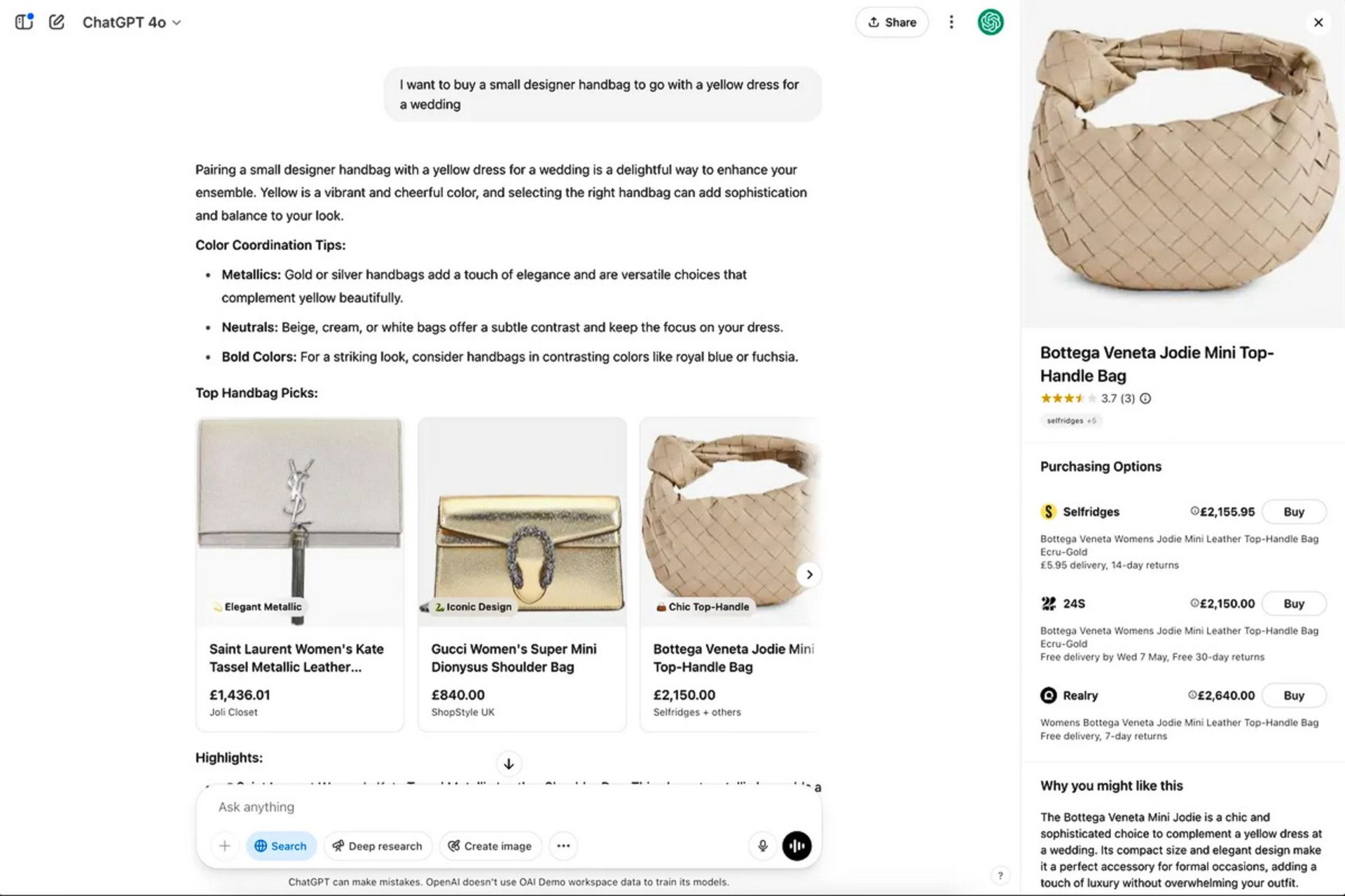 اسکرین شات دموی قابلیت خرید ChatGPT: پرامپت در خواست کیفی کوچک و نتایج 