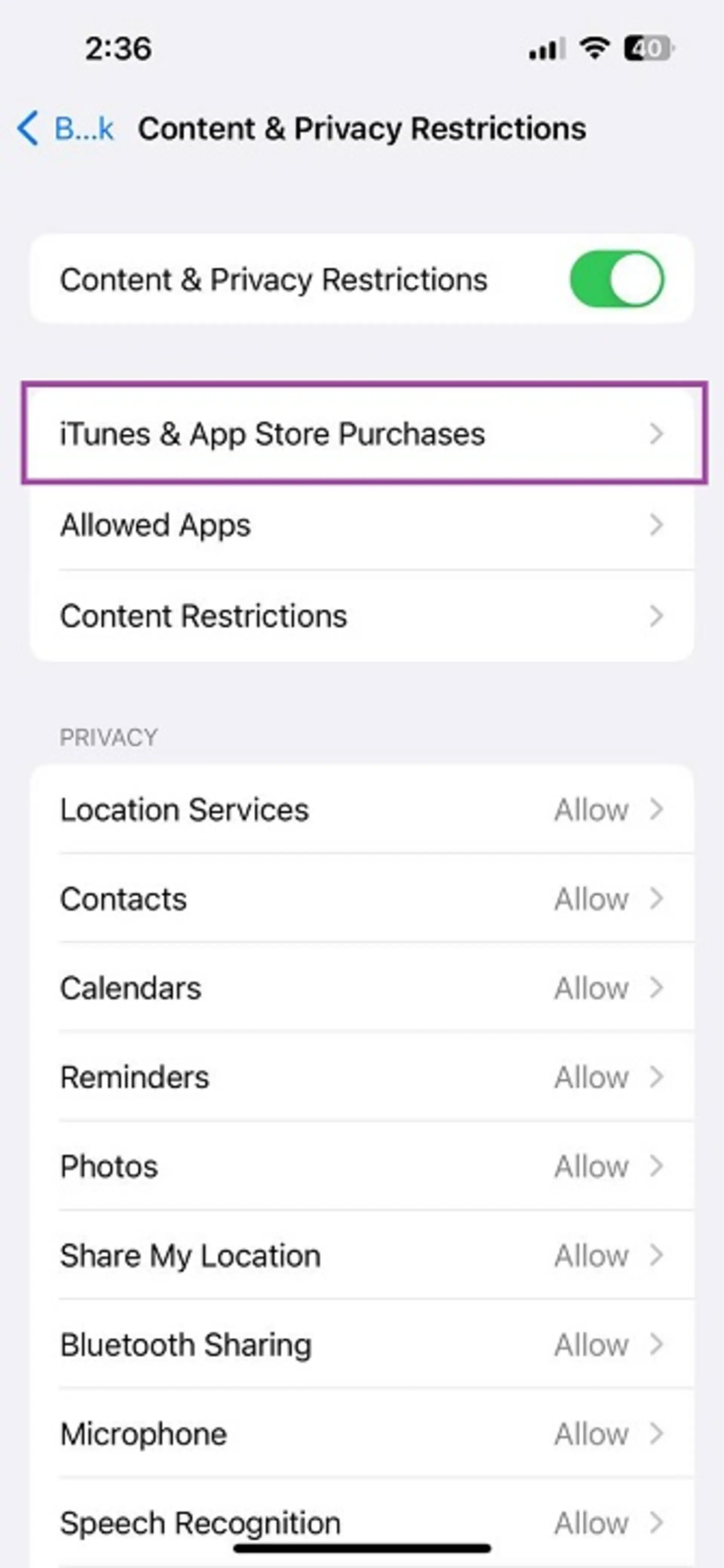  content restriction آیفون