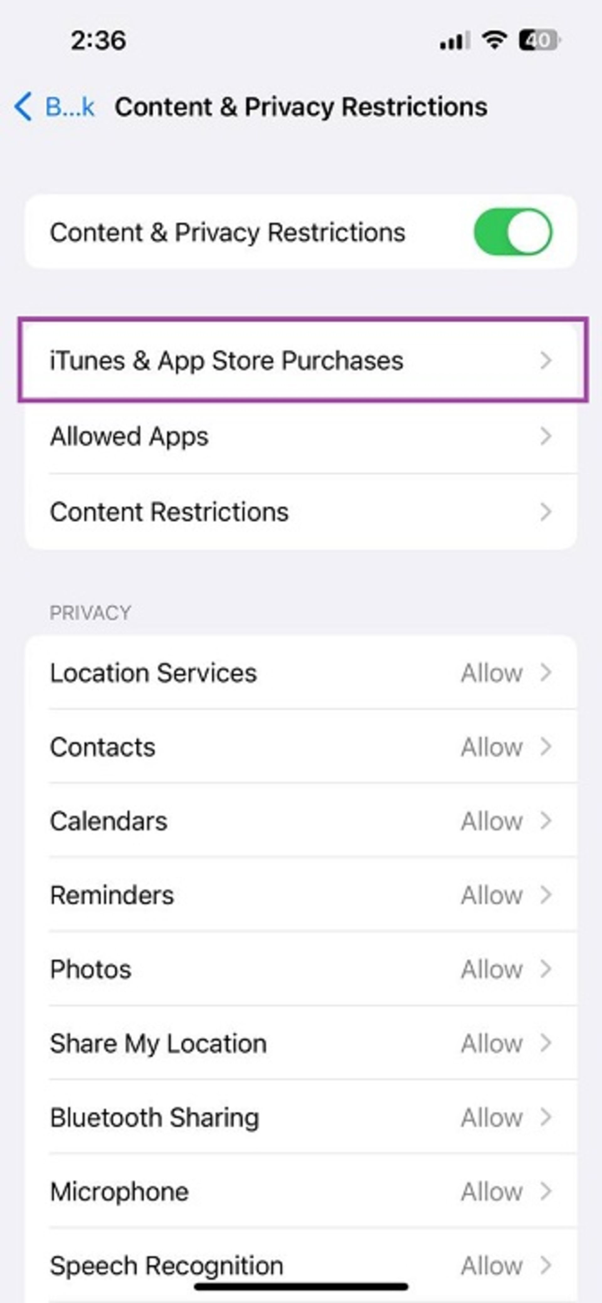  content restriction آیفون
