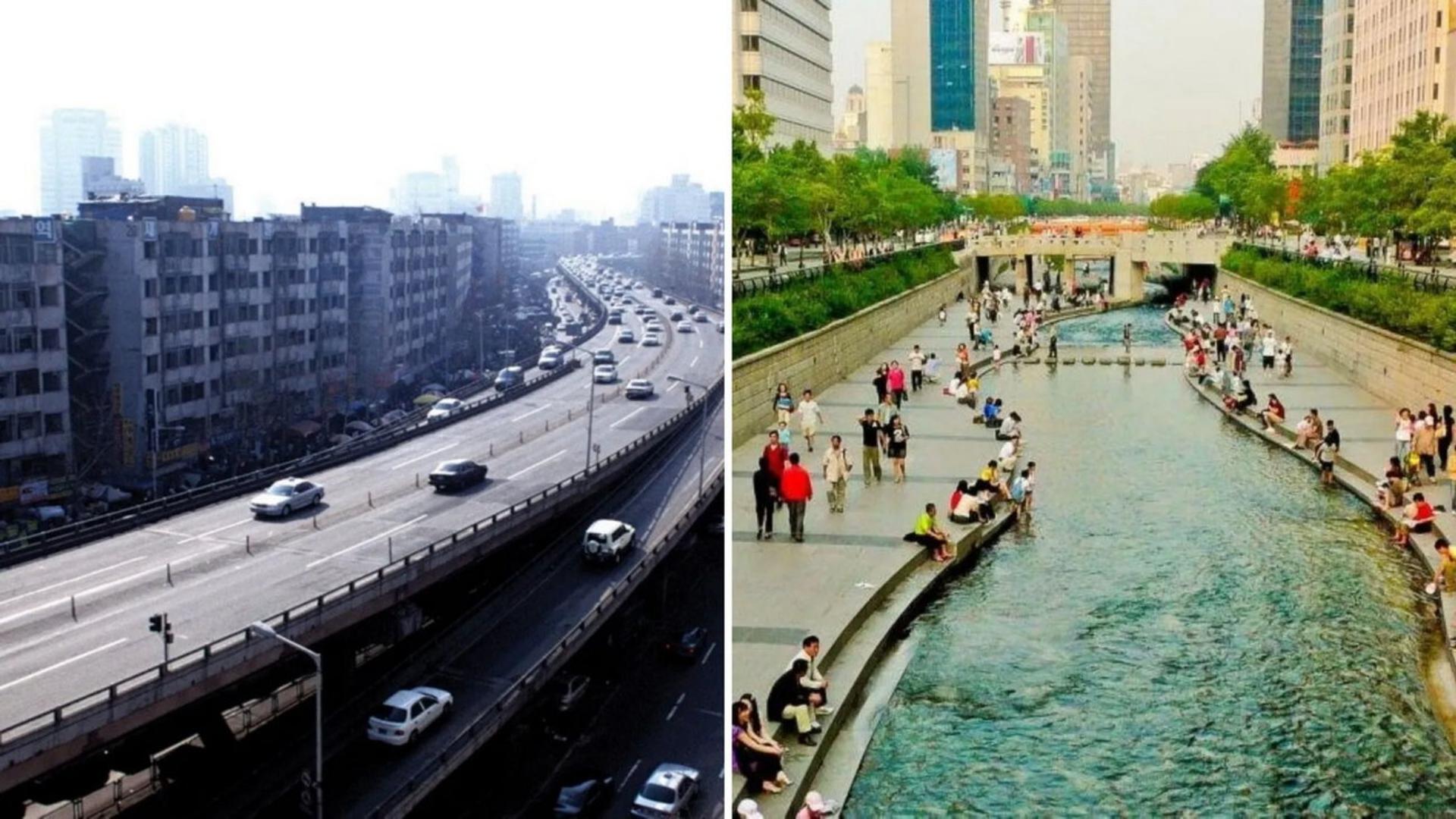 شهر سئول قبل و بعد از تخریب بزرگراه بالای رودخانه چئونگیه‌چئون