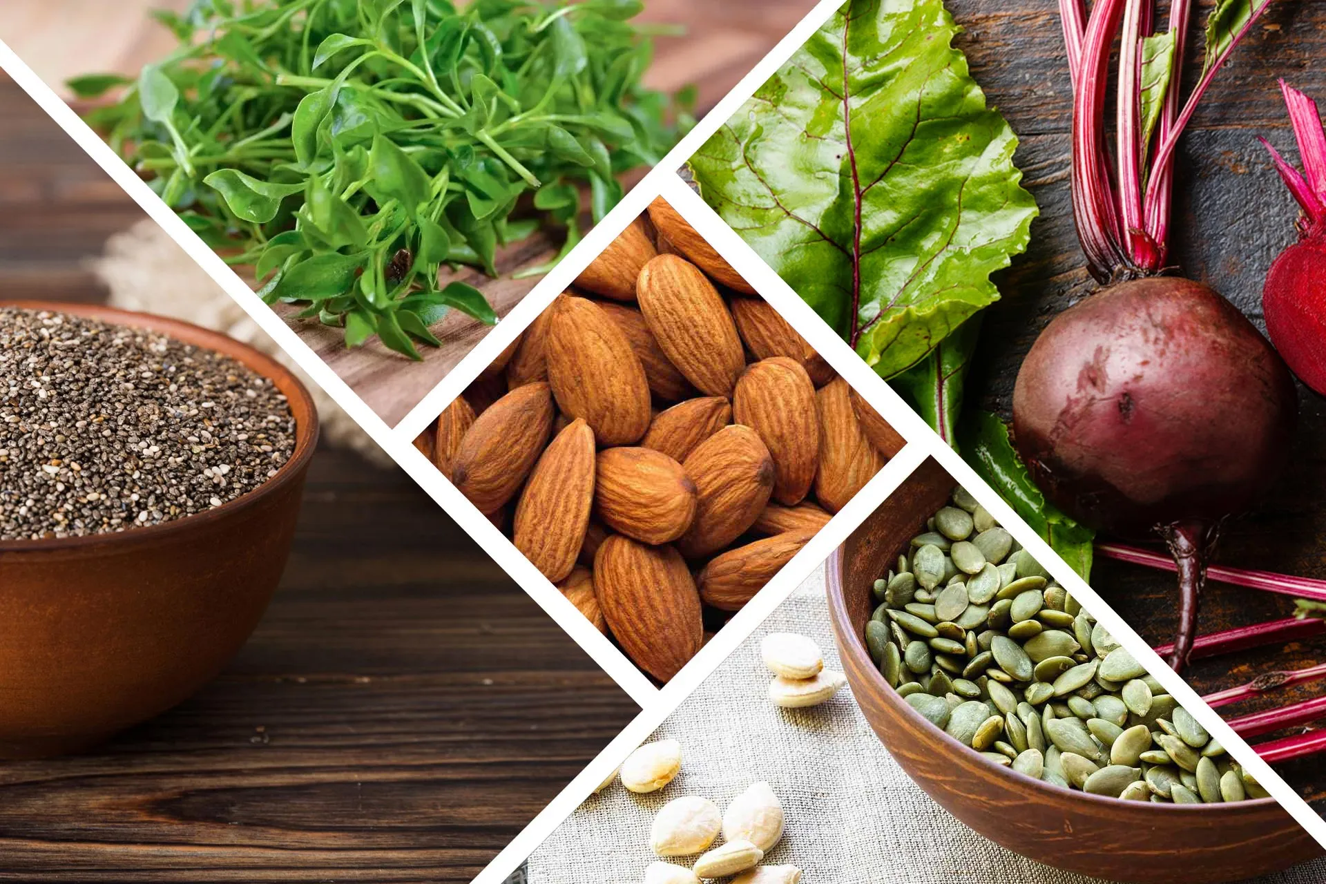 ترکیب تصاویر بادام، ترتیزک آبی، برگ‌ چغندر قرمز، دانه‌ چیا و تخمه کدو