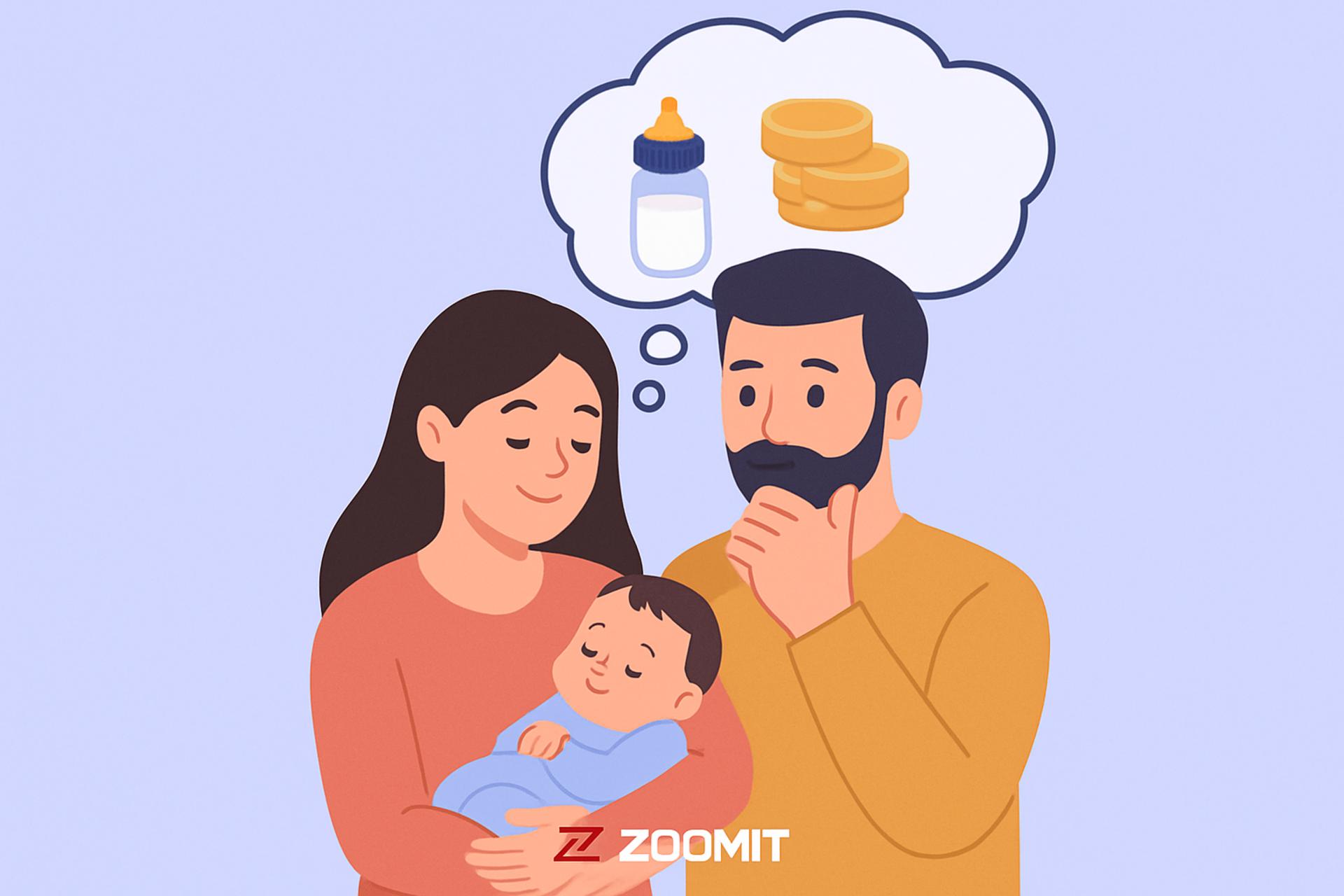 یک خانواده در کنار هم و پدر درحال فکر کردن به وسایل موردنیاز کودک