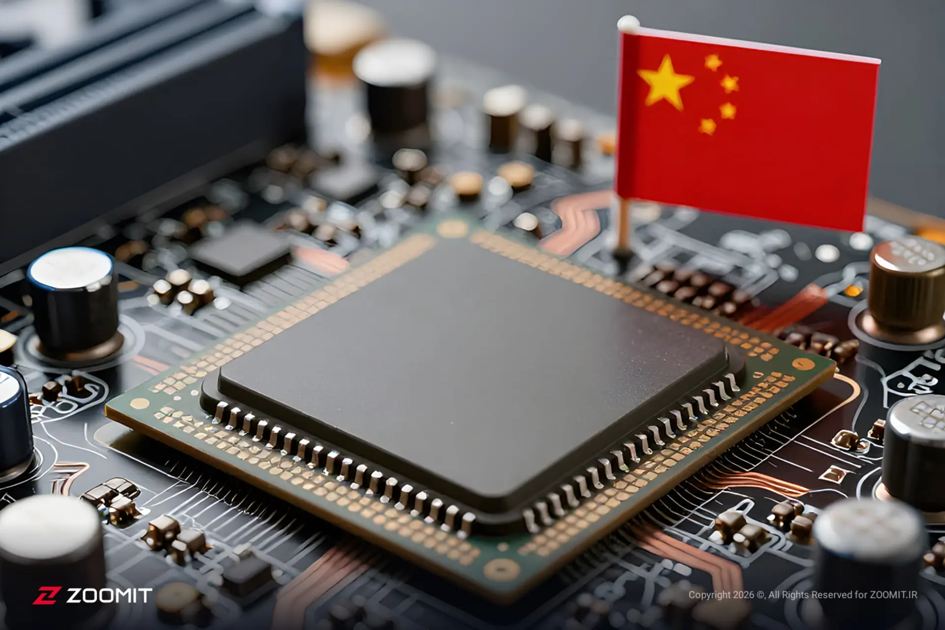 تراشه پردازنده روی برد الکترونیکی در کنار پرچم چین (China)