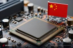 تراشه پردازنده روی برد الکترونیکی در کنار پرچم چین (China)