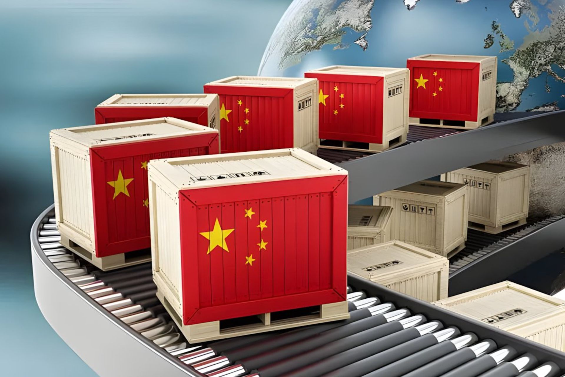 کالاهای چینی درحال حرکت روی نقاله برای صادرات