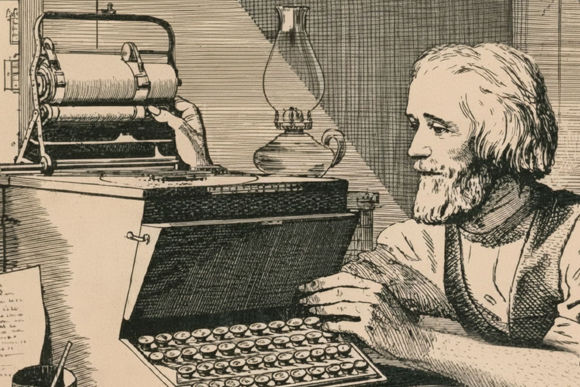 کریستوفر لاتهام شولز کنار ماشین تحریر