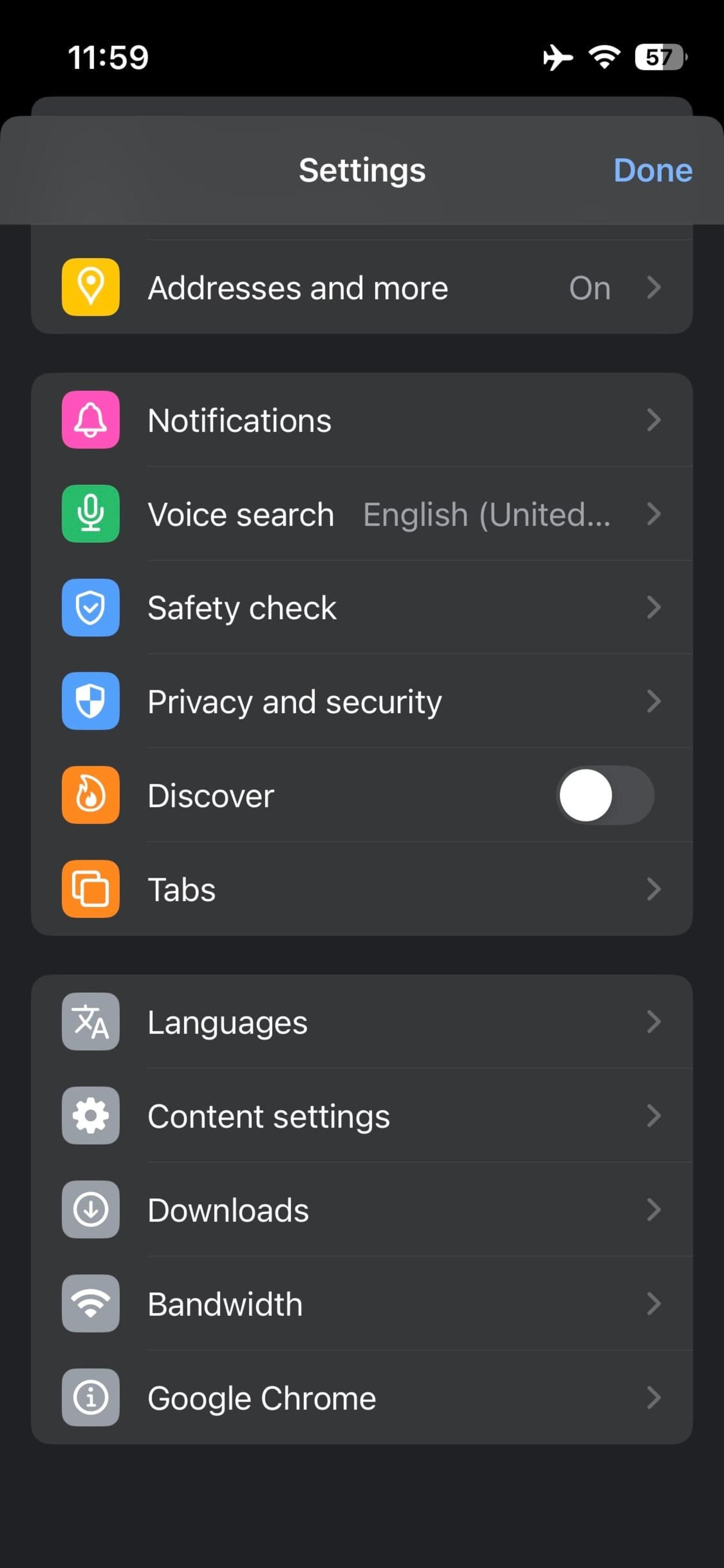 طراحی تنظیمات در نسخه‌ی قدیمی کروم iOS