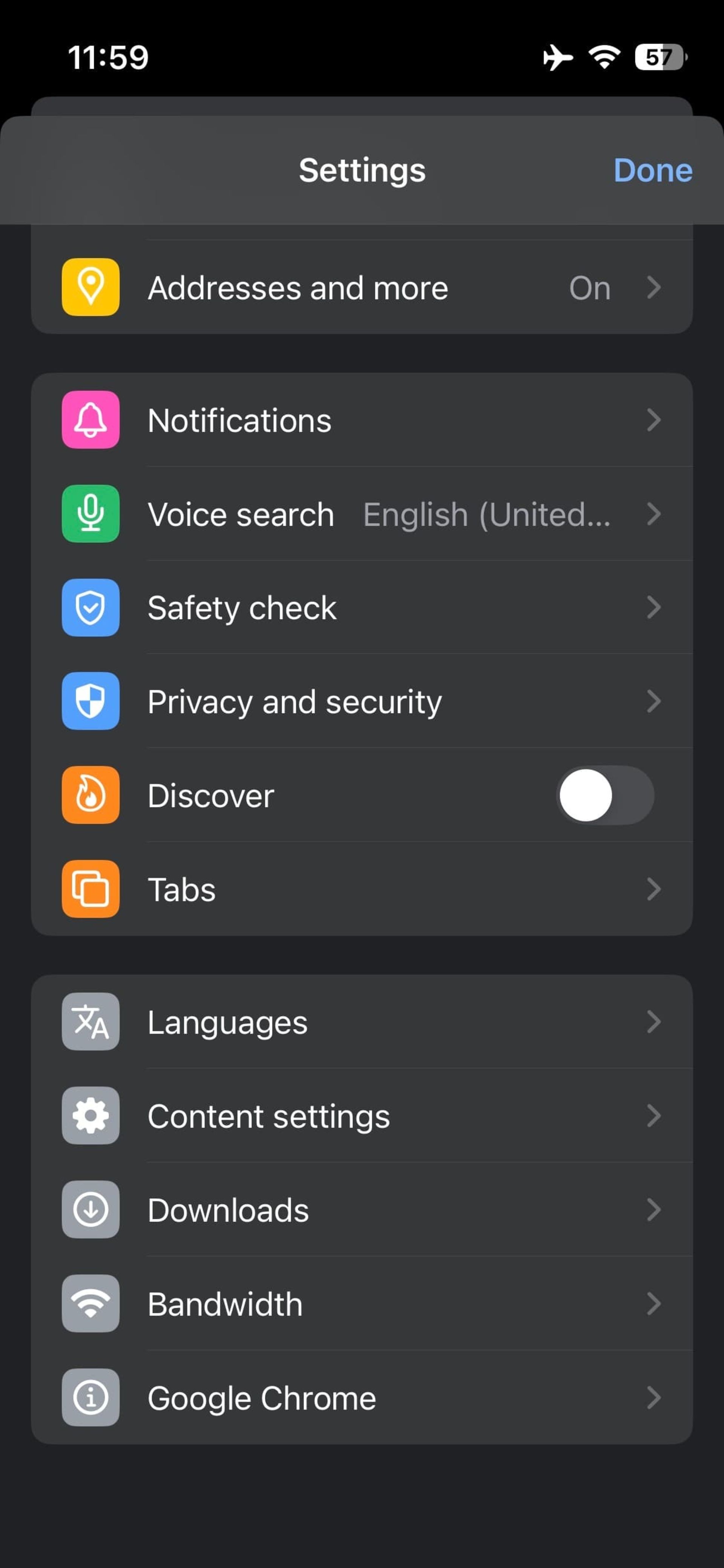 طراحی تنظیمات در نسخه‌ی قدیمی کروم iOS