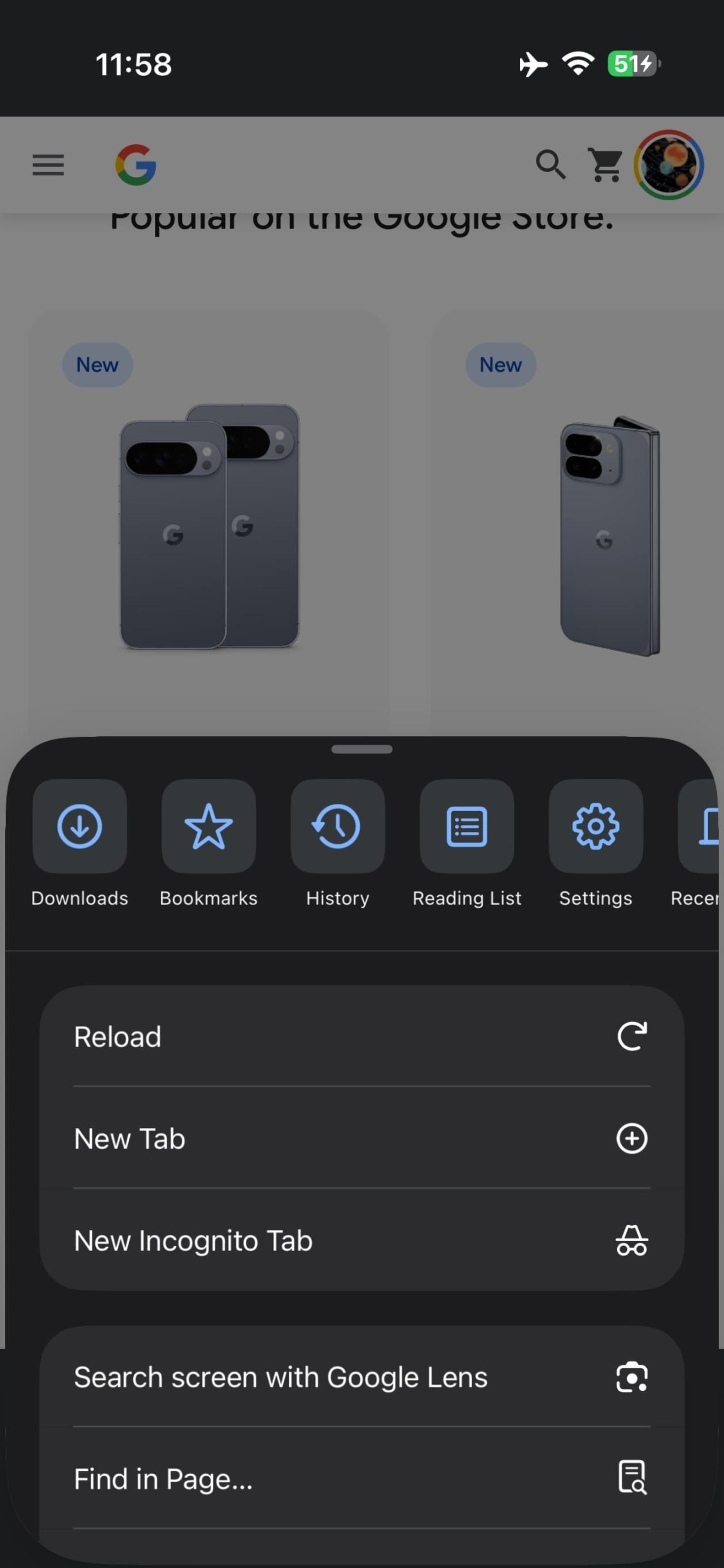 طراحی جدید منو در نسخه‌ی جدید کروم iOS