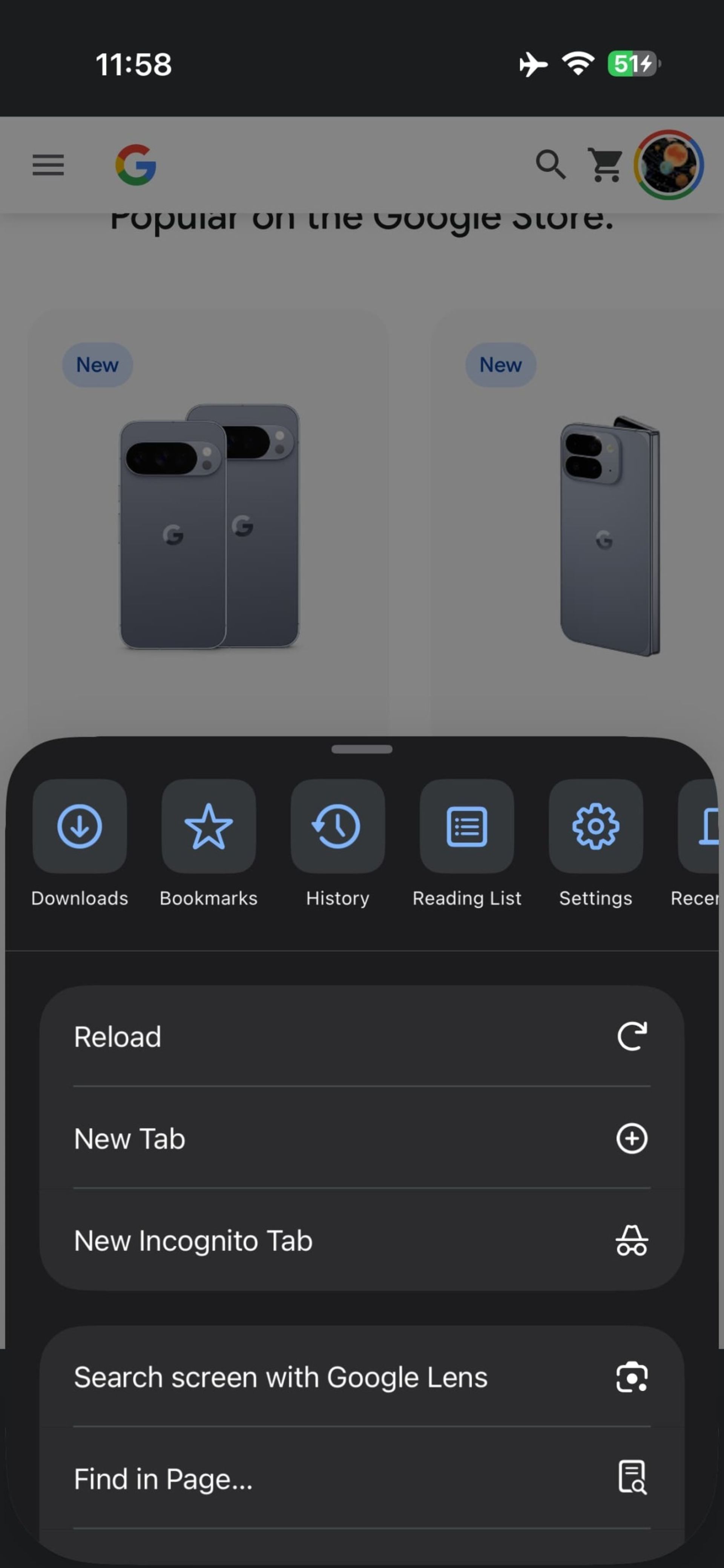 طراحی جدید منو در نسخه‌ی جدید کروم iOS