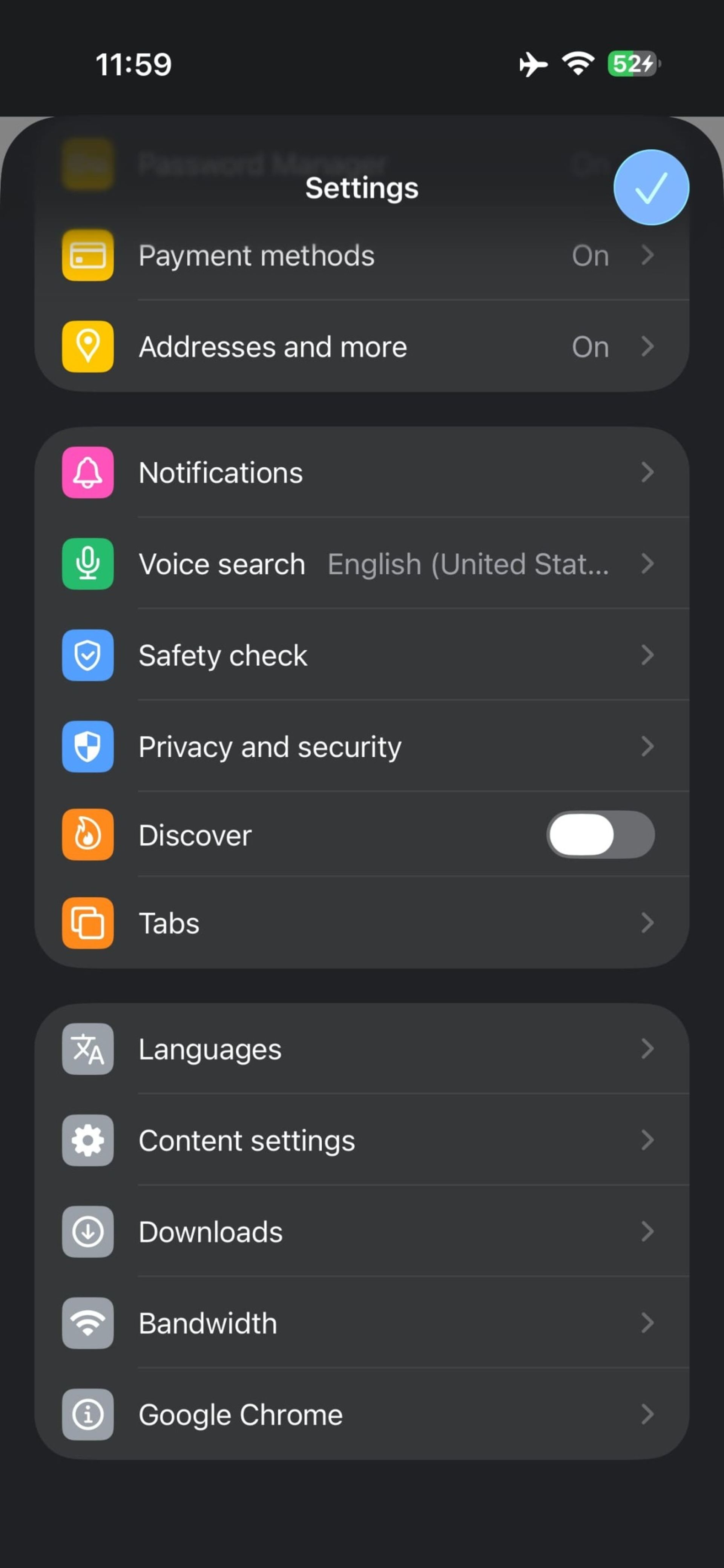 طراحی لیکویید گلس در منوی تنظیمات کروم iOS