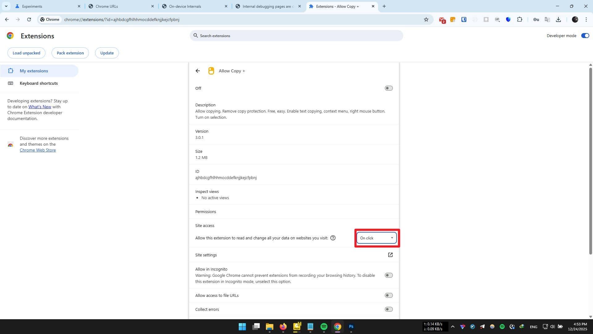 تنظیم اجرای اکستنشن‌های کروم روی On click