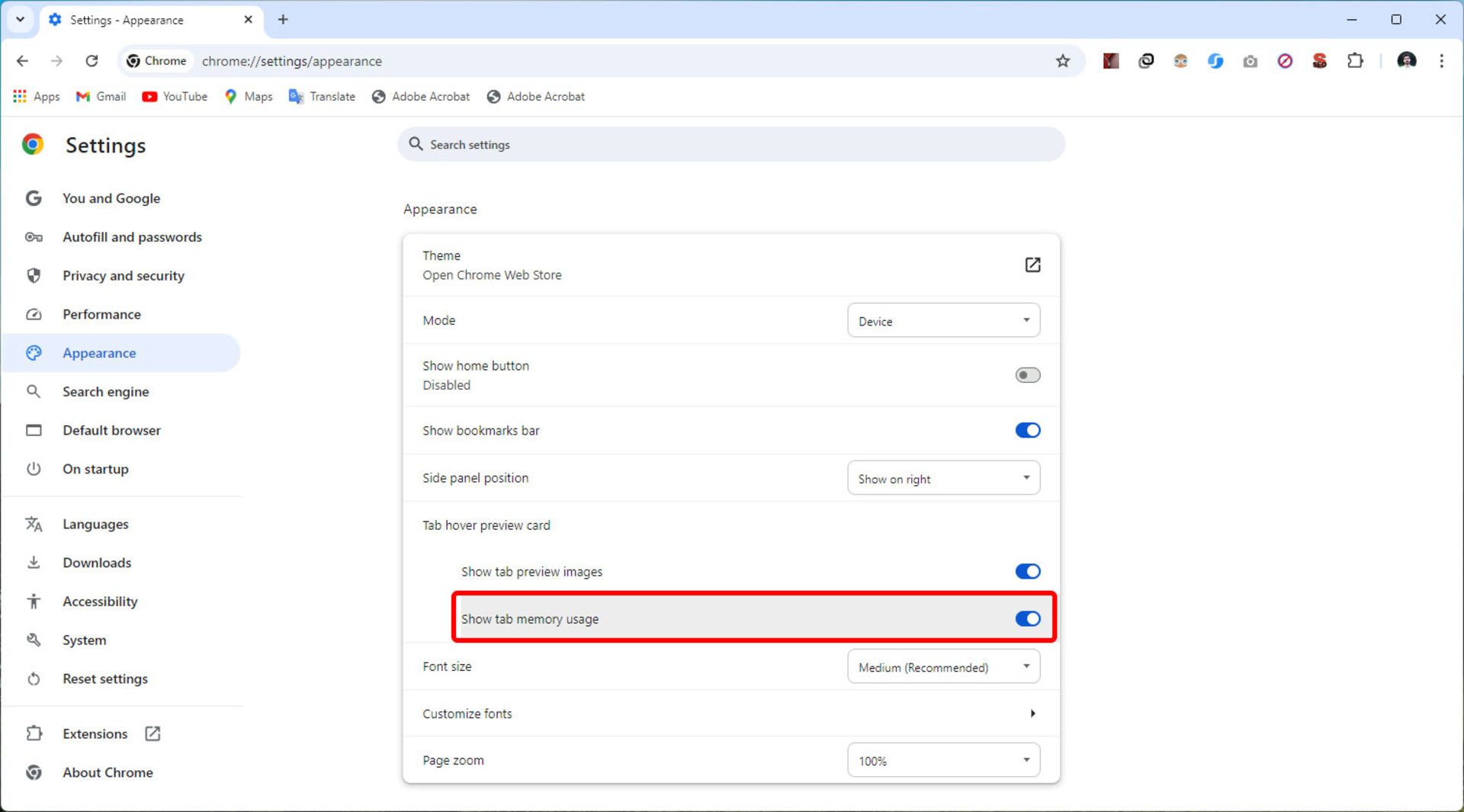 View the RAM consumption of the Chrome tab