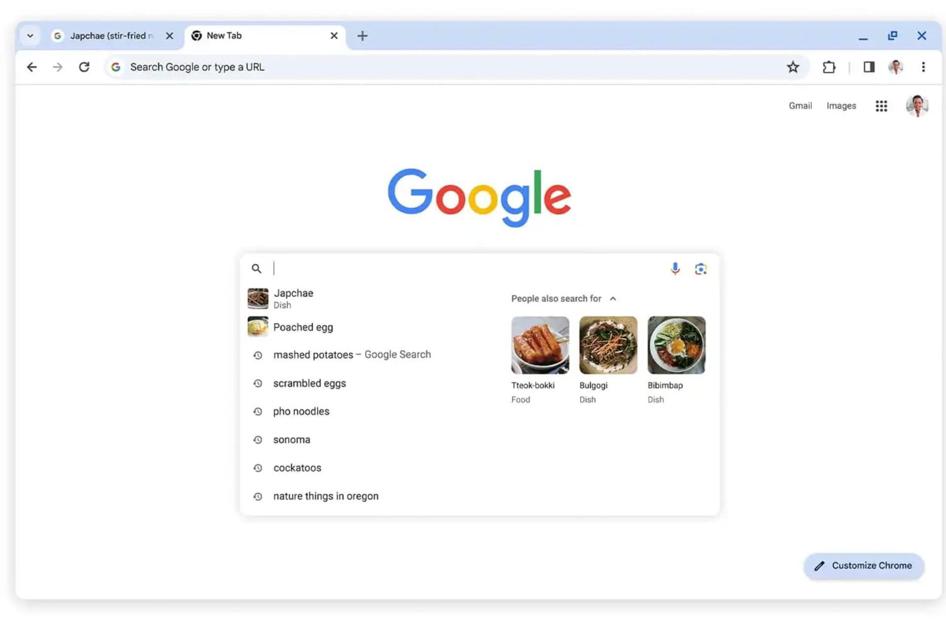 صفحه اصلی گوگل در کروم در حال جستجو