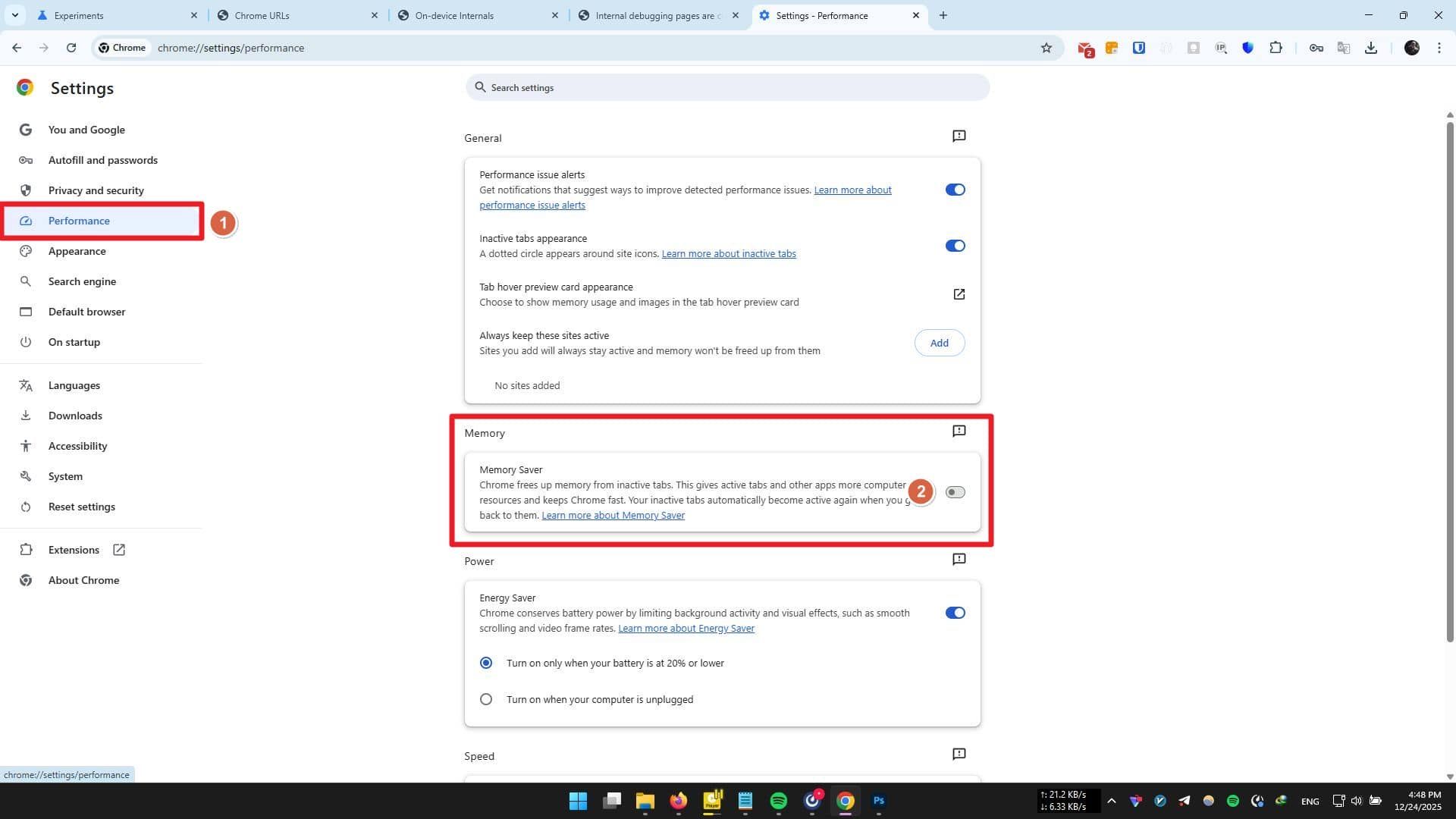 فعال کردن قابلیت Memory saver در تنظیمات کروم