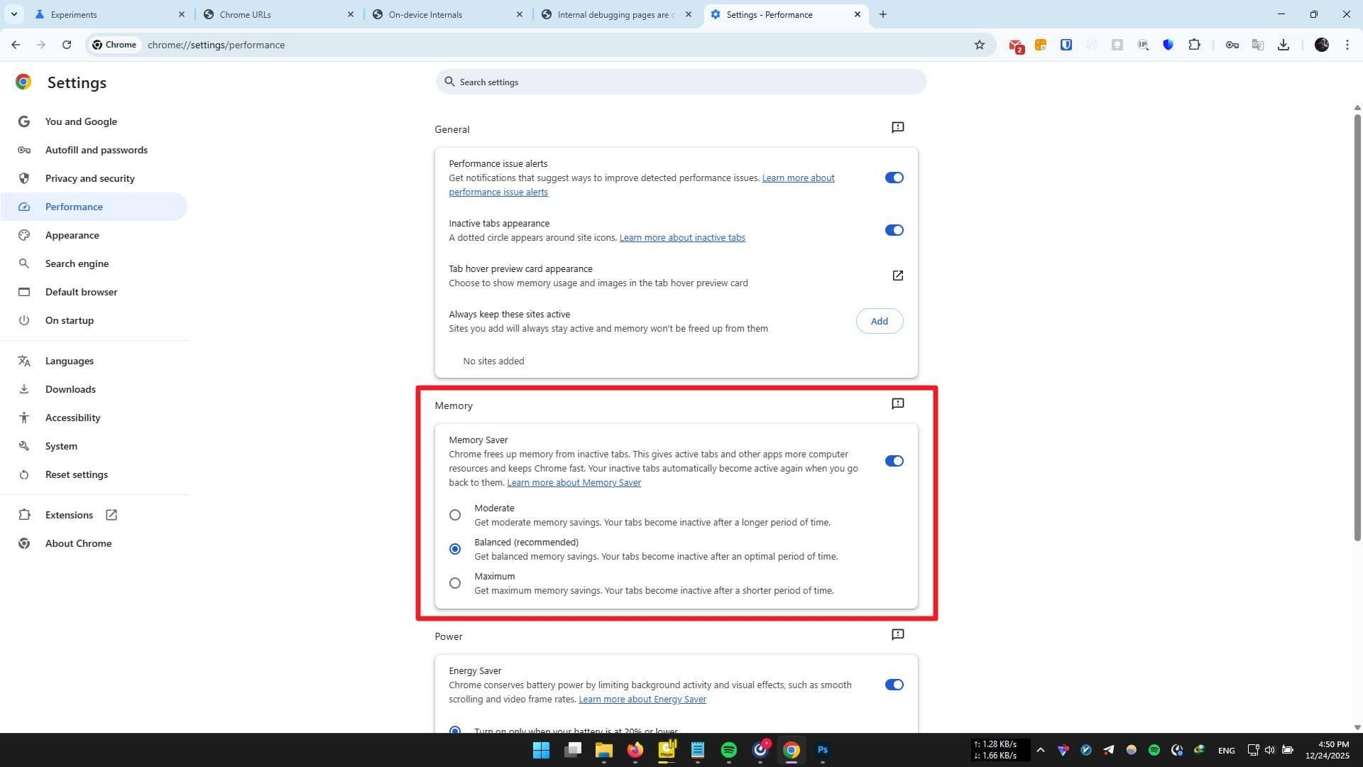 فعال کردن قابلیت Memory saver در تنظیمات کروم