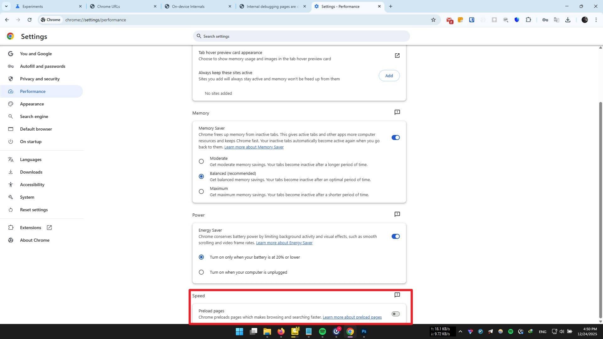 غیرفعال کردن قابلیت preload پیج‌ها در کروم