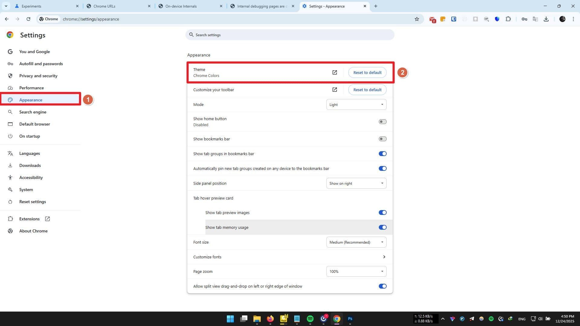 گزینه‌ی ریست کردن ظاهر کروم در تنظیمات