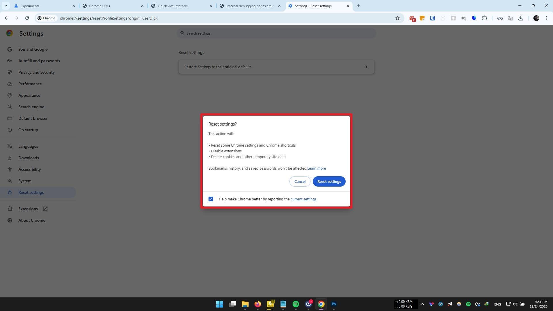ریست کردن تنظیمات کروم 