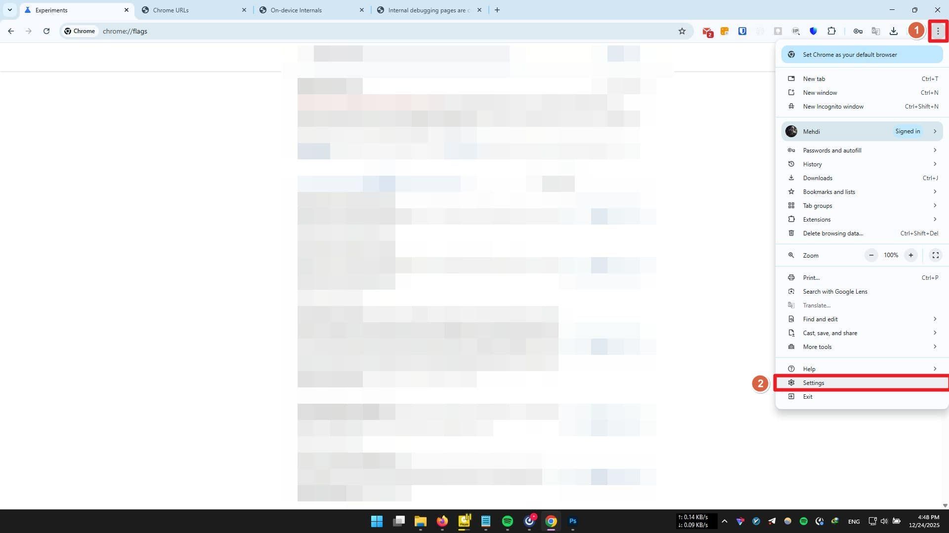 گزینه‌ی Settings کروم در منوی سه‌نقطه‌ی سمت راست