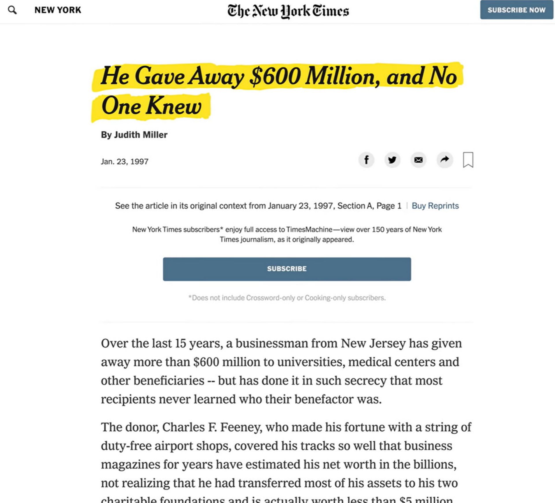 مقاله نیویورک تایمز درمورد بخشندگی چاک فینی