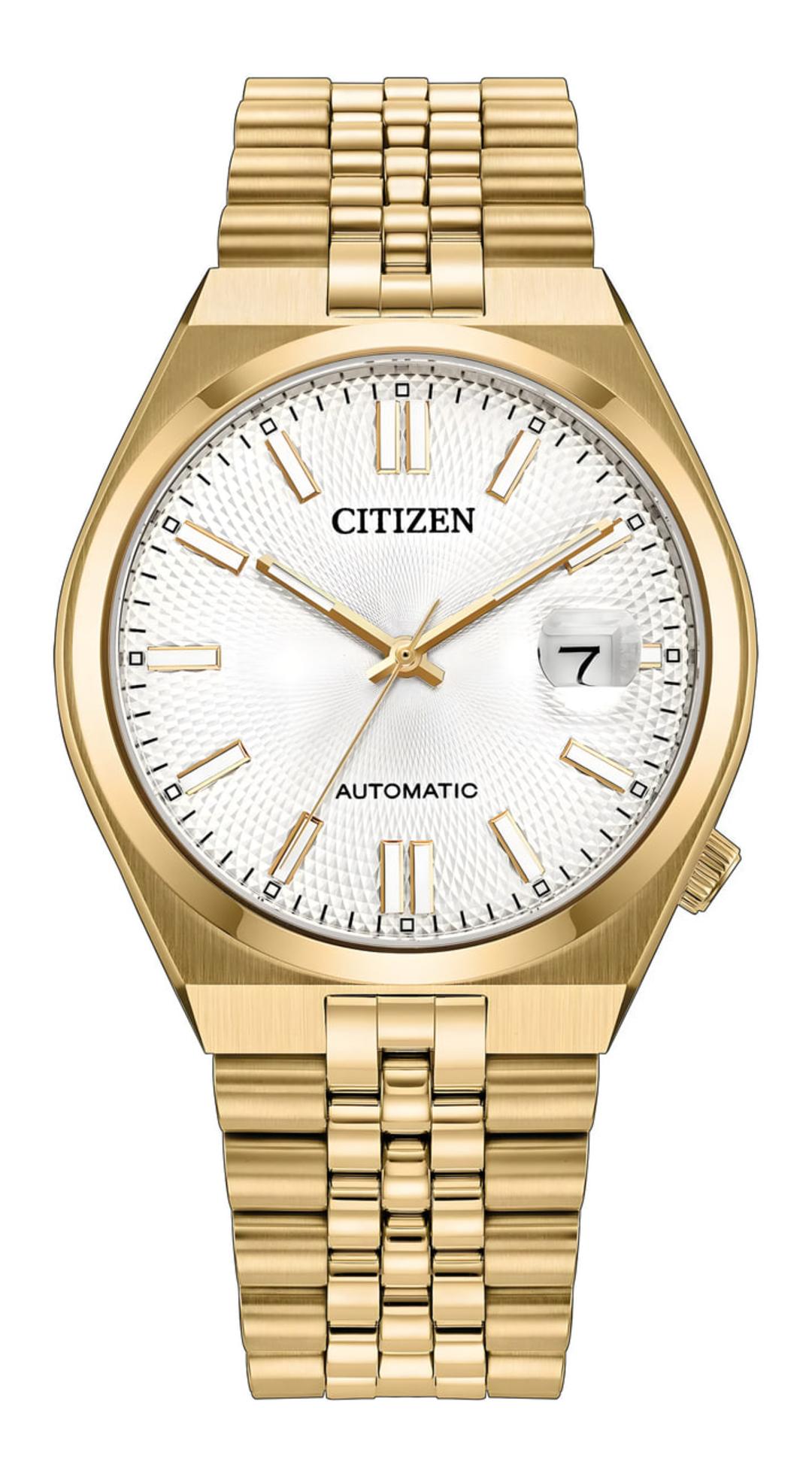ساعت مچی مردانه اتوماتیک برند سیتیزن با بند و بدنه طلایی و صفحه سفید
