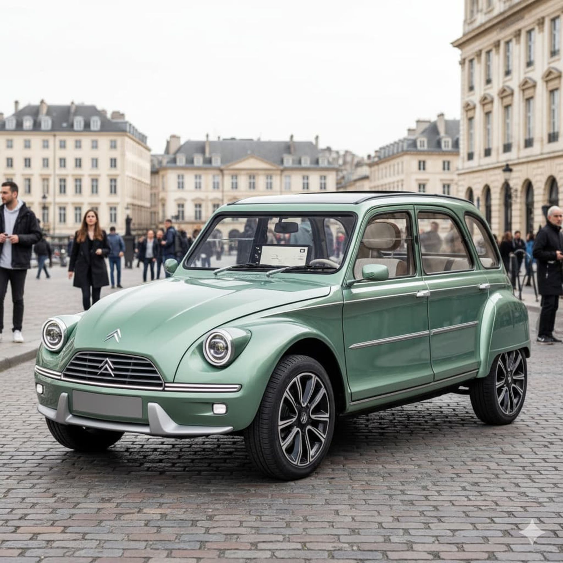 نمای سه‌چهارم جلو خودرو سیتروئن ژیان سبز مدل ۲۰۲۵ (هوش مصنوعی)