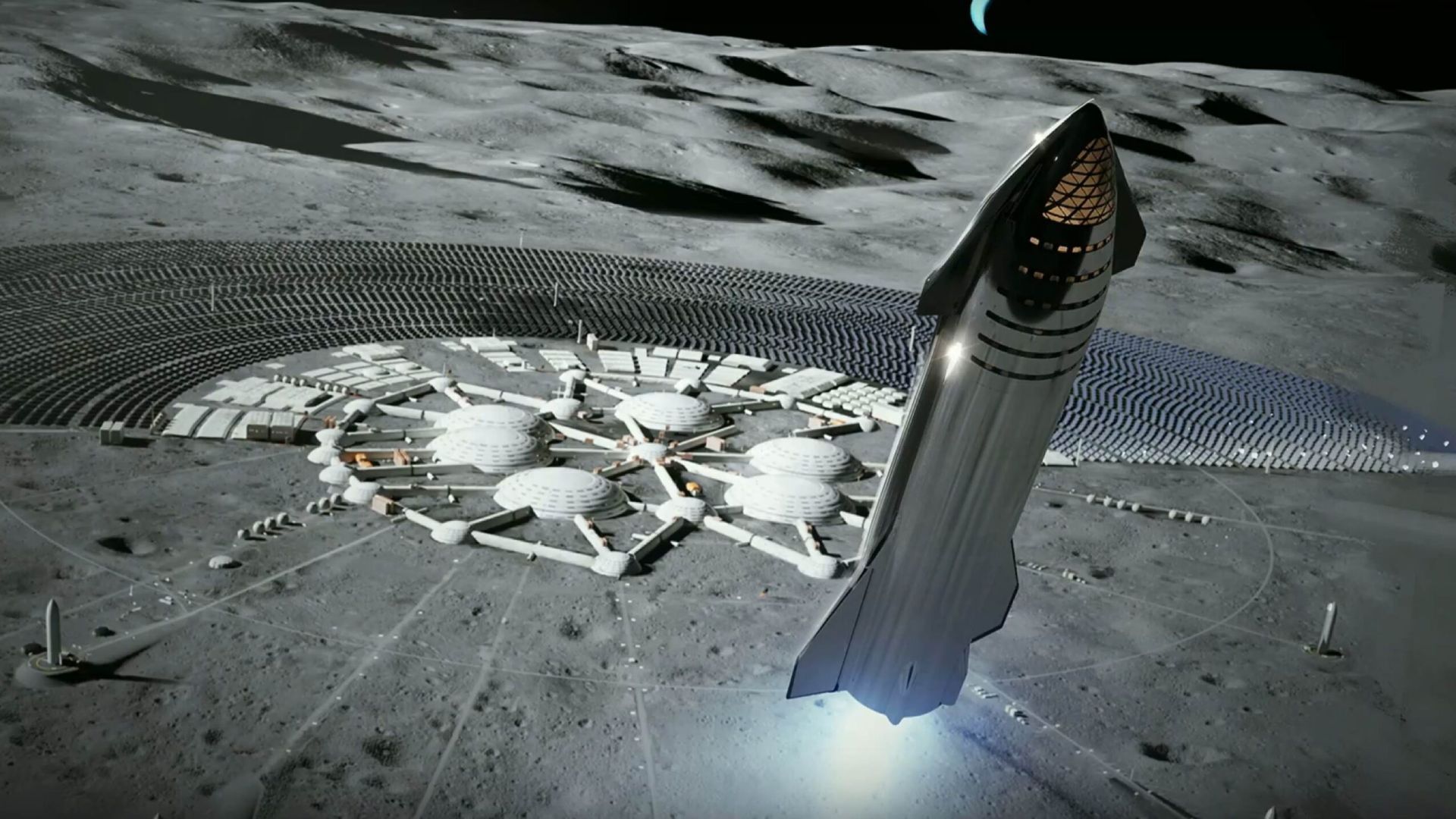 تصویرسازی هنری از فضاپیمای استارشیپ اسپیس ایکس بر روی ماه.