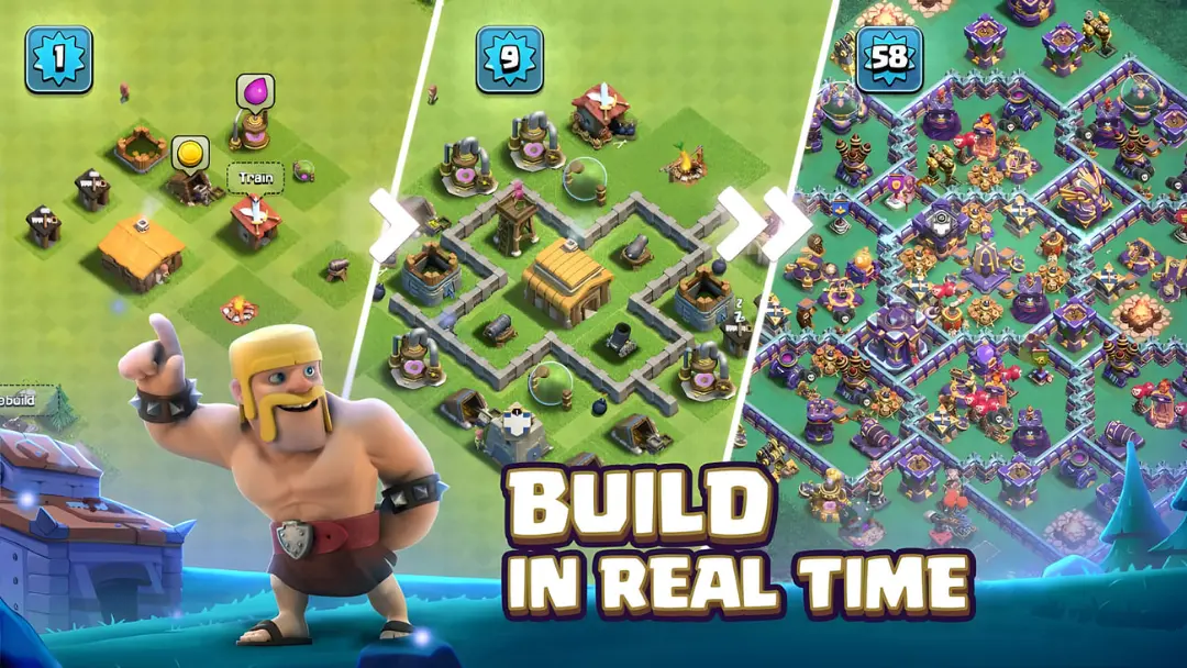 محیط بازی کلش آف کلنز (Clash of Clans) با مراحل مختلف پیشرفت دهکده