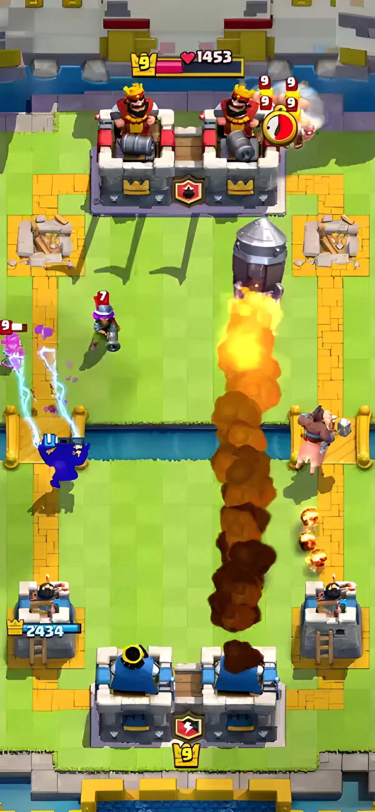 میدان نبرد در بازی کلش رویال (Clash Royale) با قلعه‌ها و نیروهای مختلف