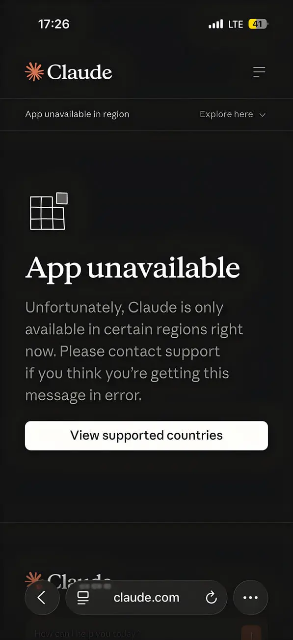 پیام خطای عدم دسترسی به اپلیکیشن Claude (Claude) در منطقه جغرافیایی خاص