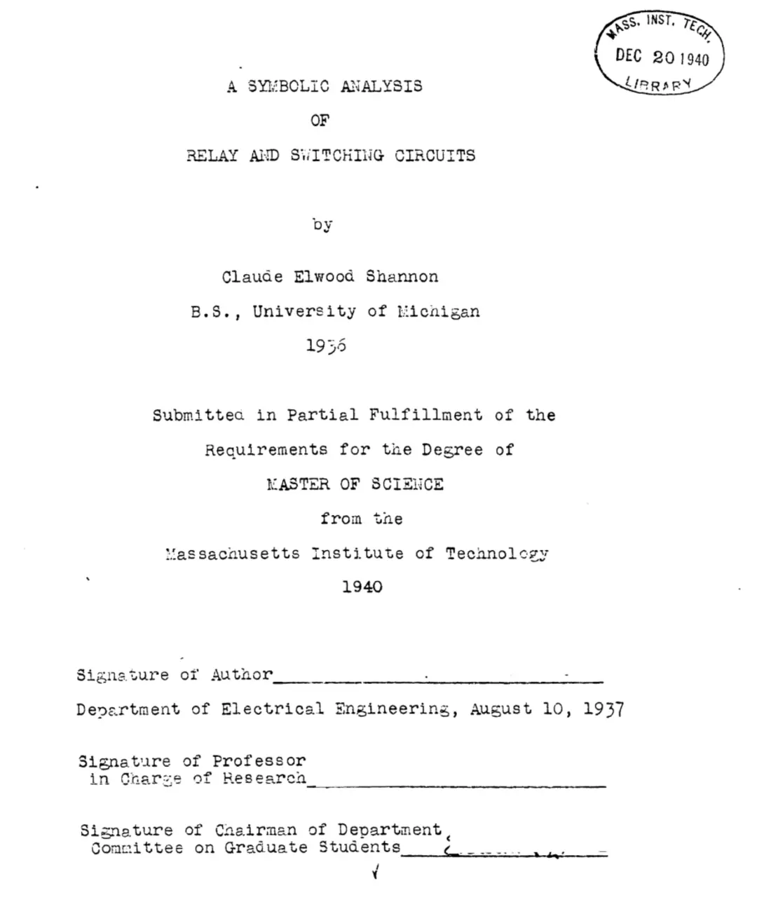 صفحه نخست پایان‌نامه کلود شانون (Claude Shannon) در دانشگاه MIT