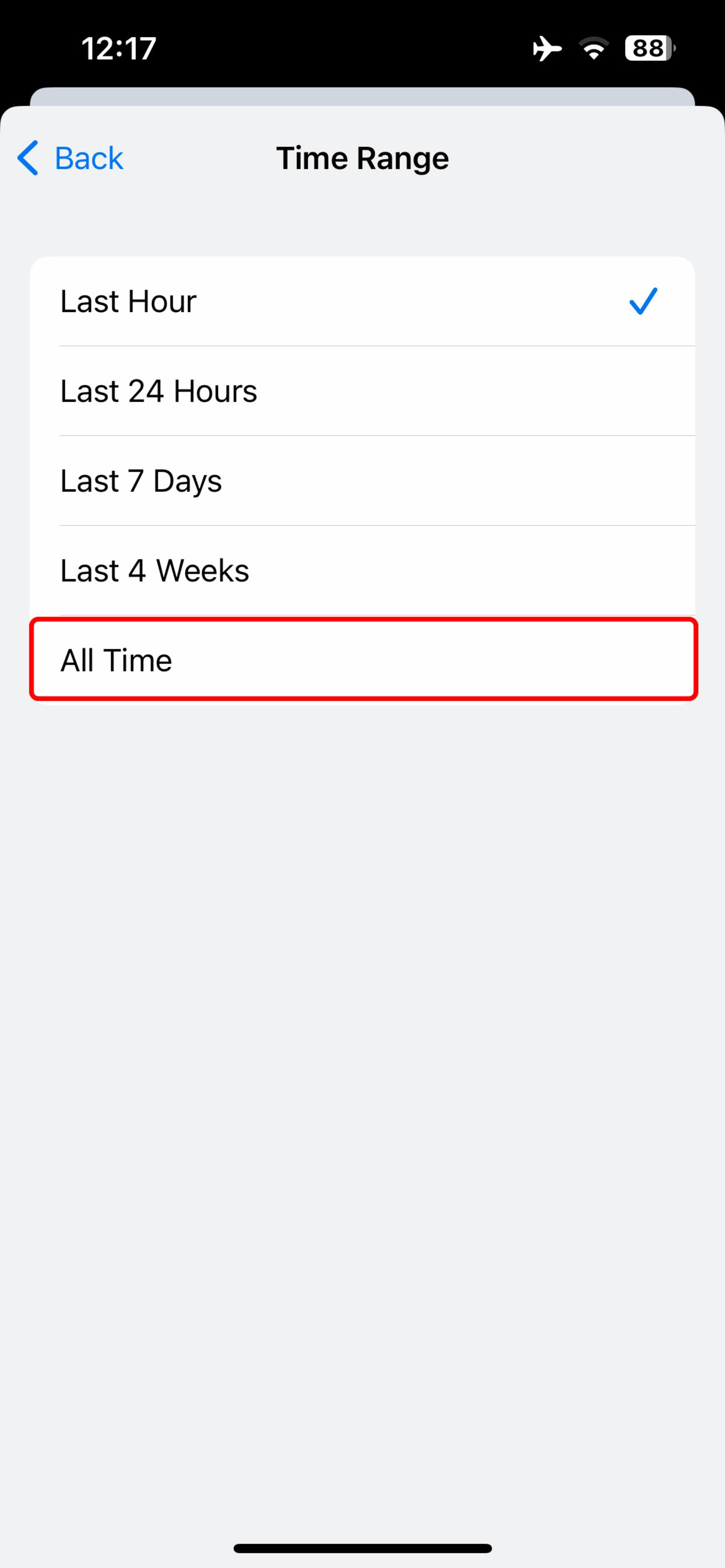 انتخاب گزینه‌ Time range و All time در گوگل کروم آیفون