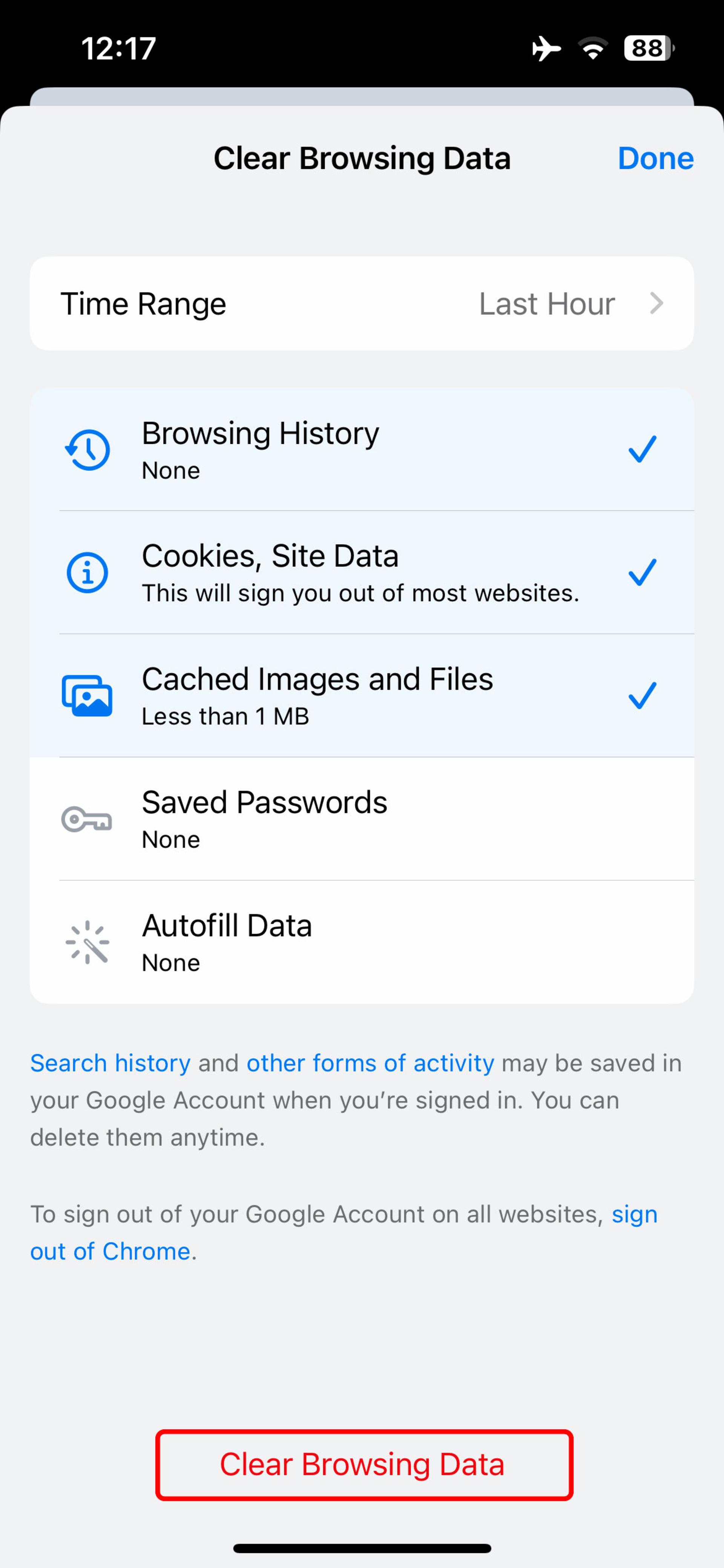 انتخاب Clear Browsing Data جهت پاک شدن داده مرورگر