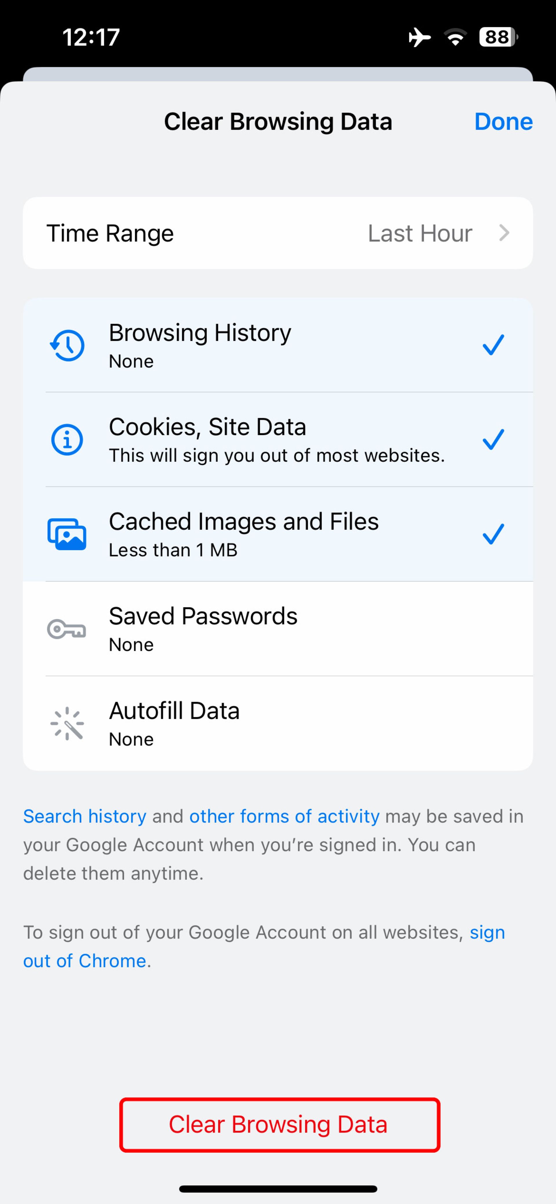 انتخاب Clear Browsing Data جهت پاک شدن داده مرورگر
