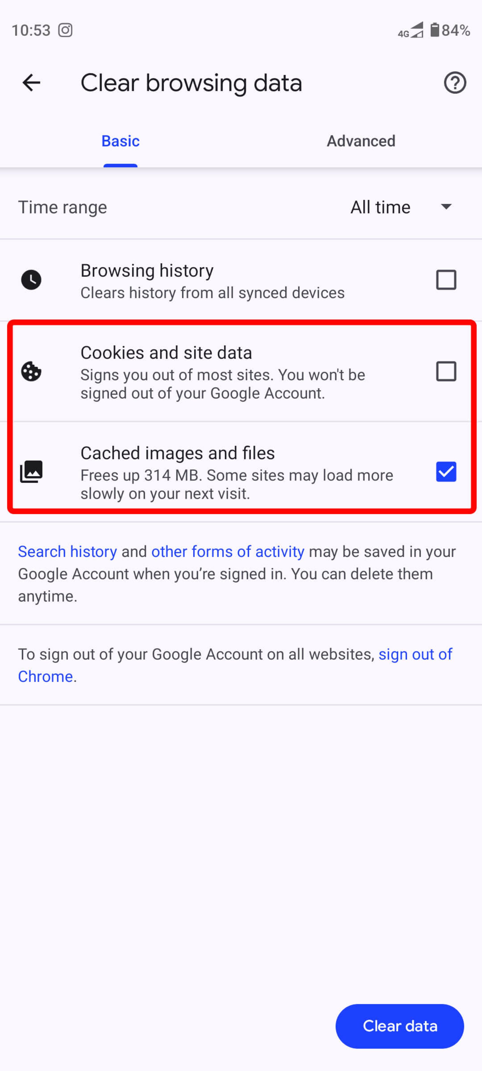 علامت زدن  Cookies and site data و Cached images and files