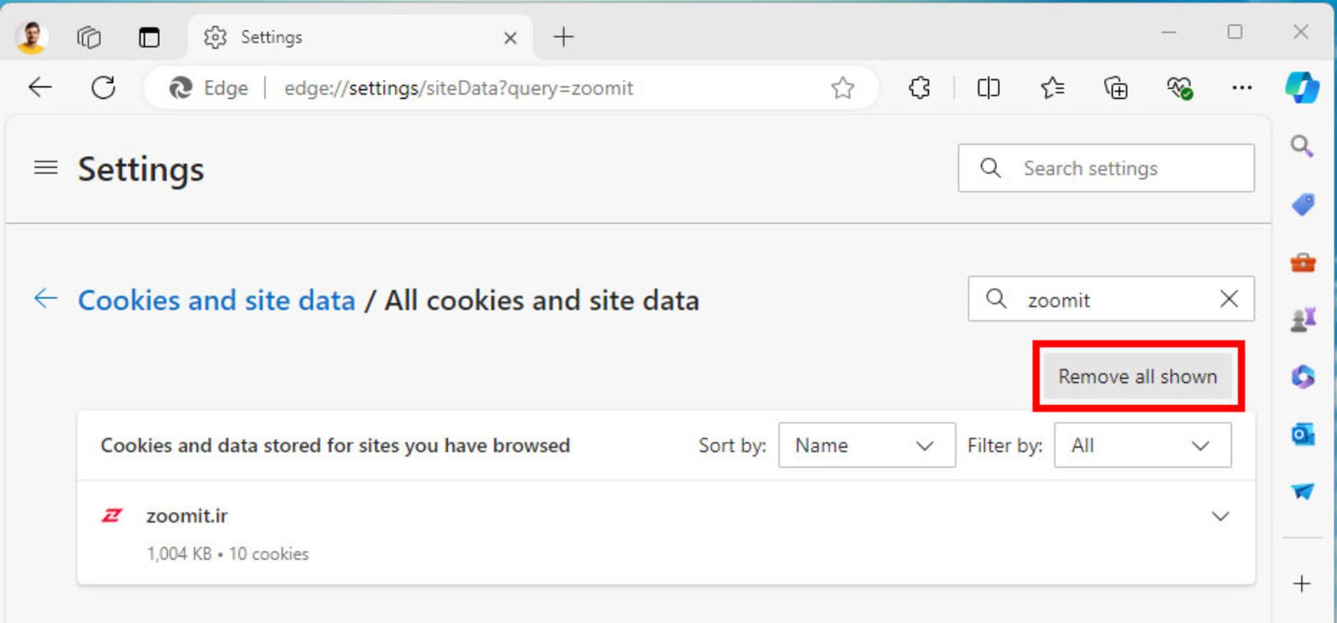 پاک کردن کش زومیت در مرورگر اج