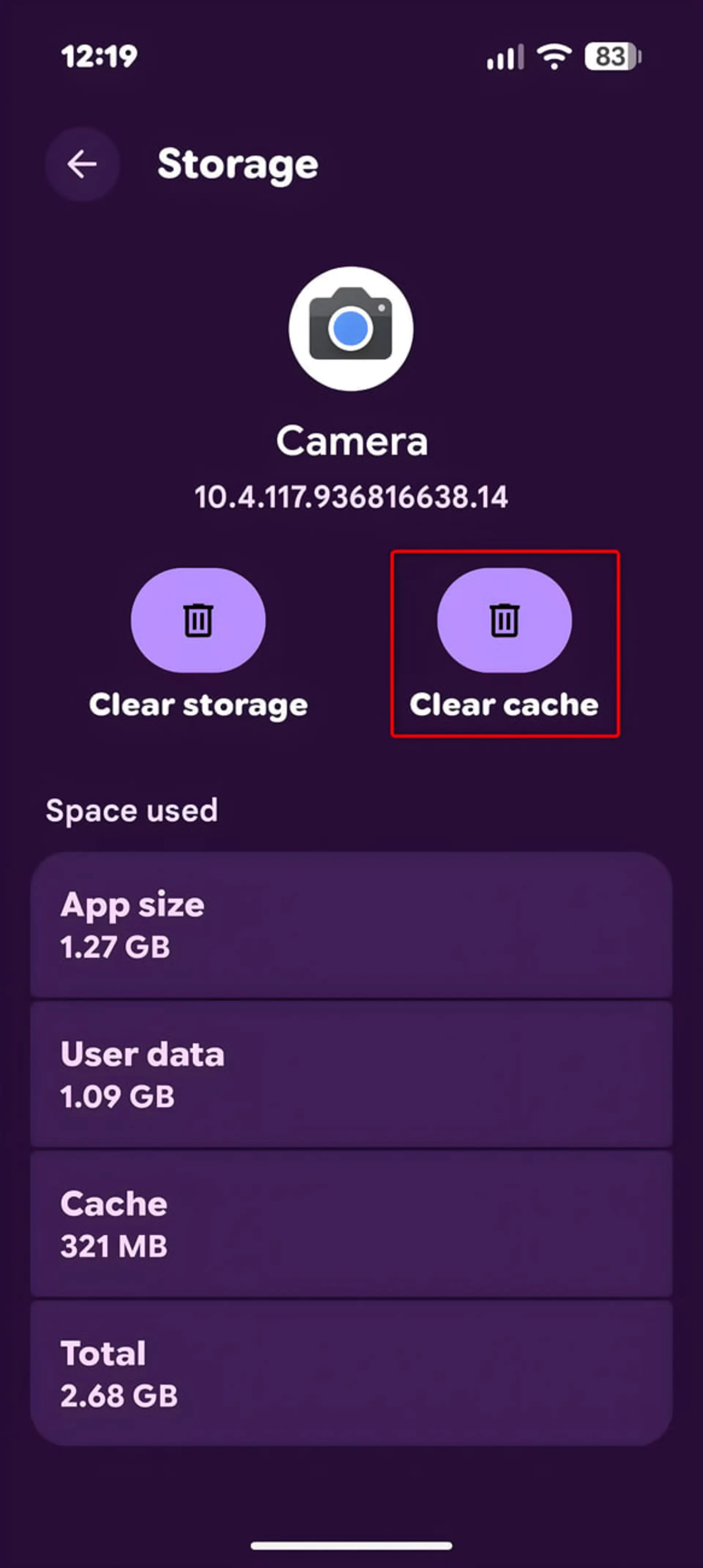 منوی مدیریت حافظه اپلیکیشن دوربین در تنظیمات گوشی اندروید با گزینه Clear cache