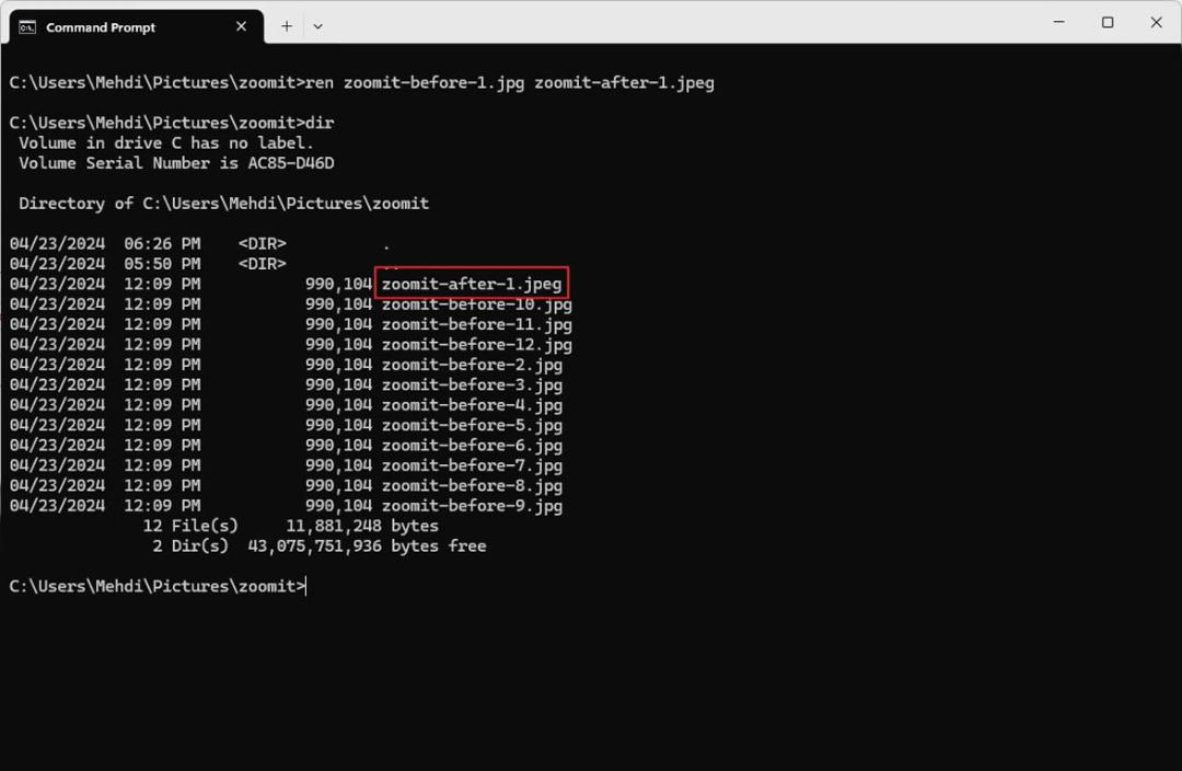 تغییر پسوند تنها یک فایل در CMD