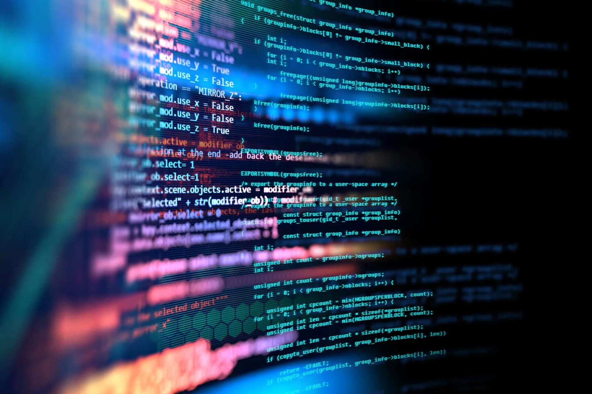 طرحی از کد‌‌های آبی و نوشته‌شده‌ی دیجیتالی به صورت خمیده و با فاصله روی یک صفحه نمایش فرضی با رنگ‌های روشن و پس‌زمینه مشکی