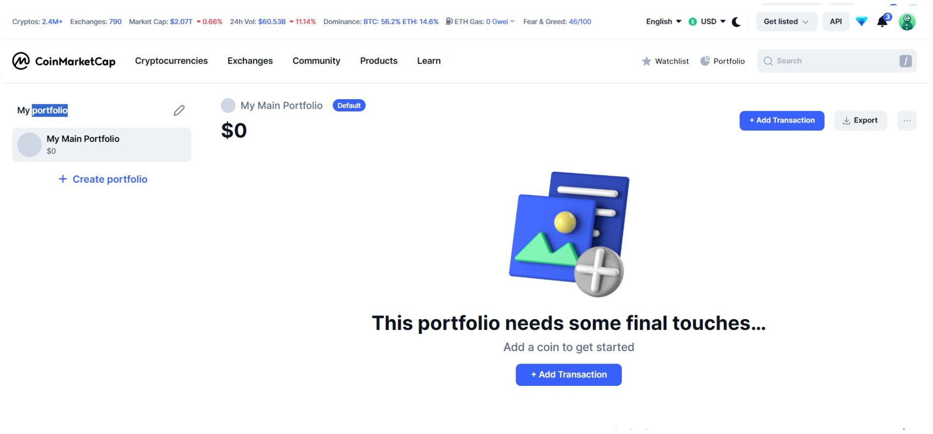 صفحه portfolio کوین مارکت کپ