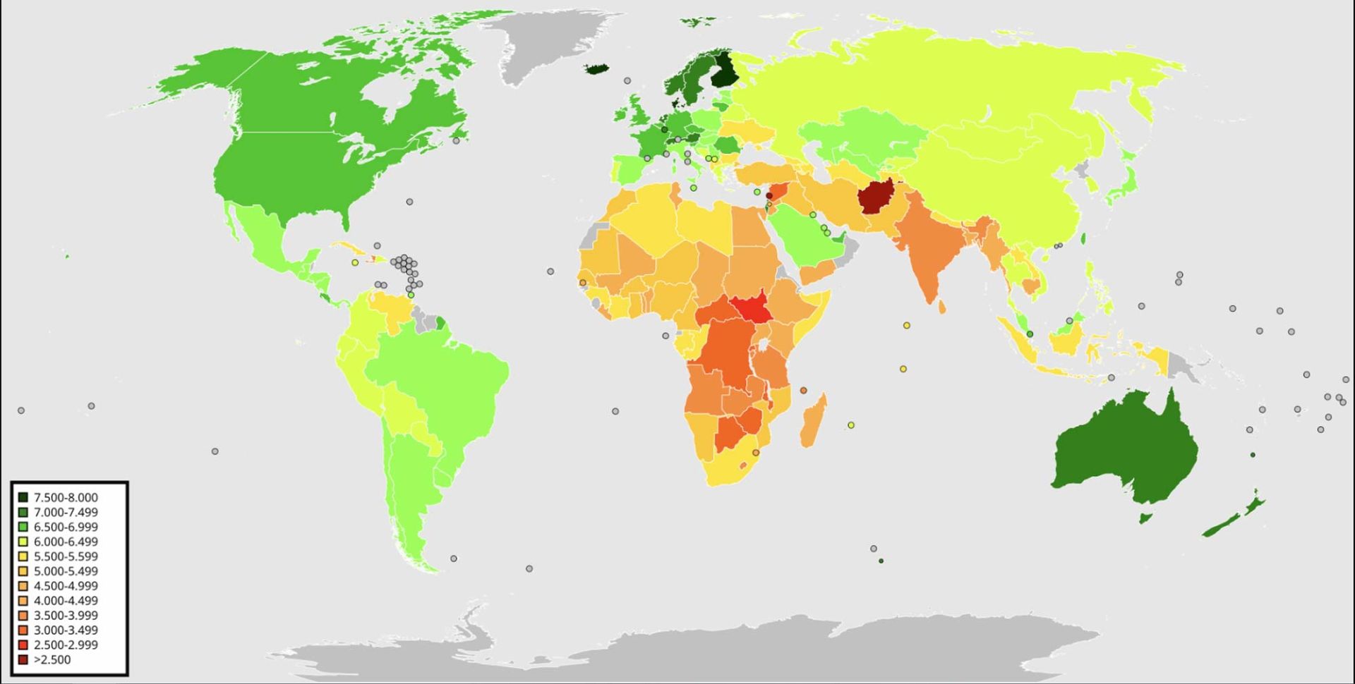 نقشه‌ی رنگی سطوح جهانی شادی طبق گزارش جهانی شادی (۲۰۲۳)