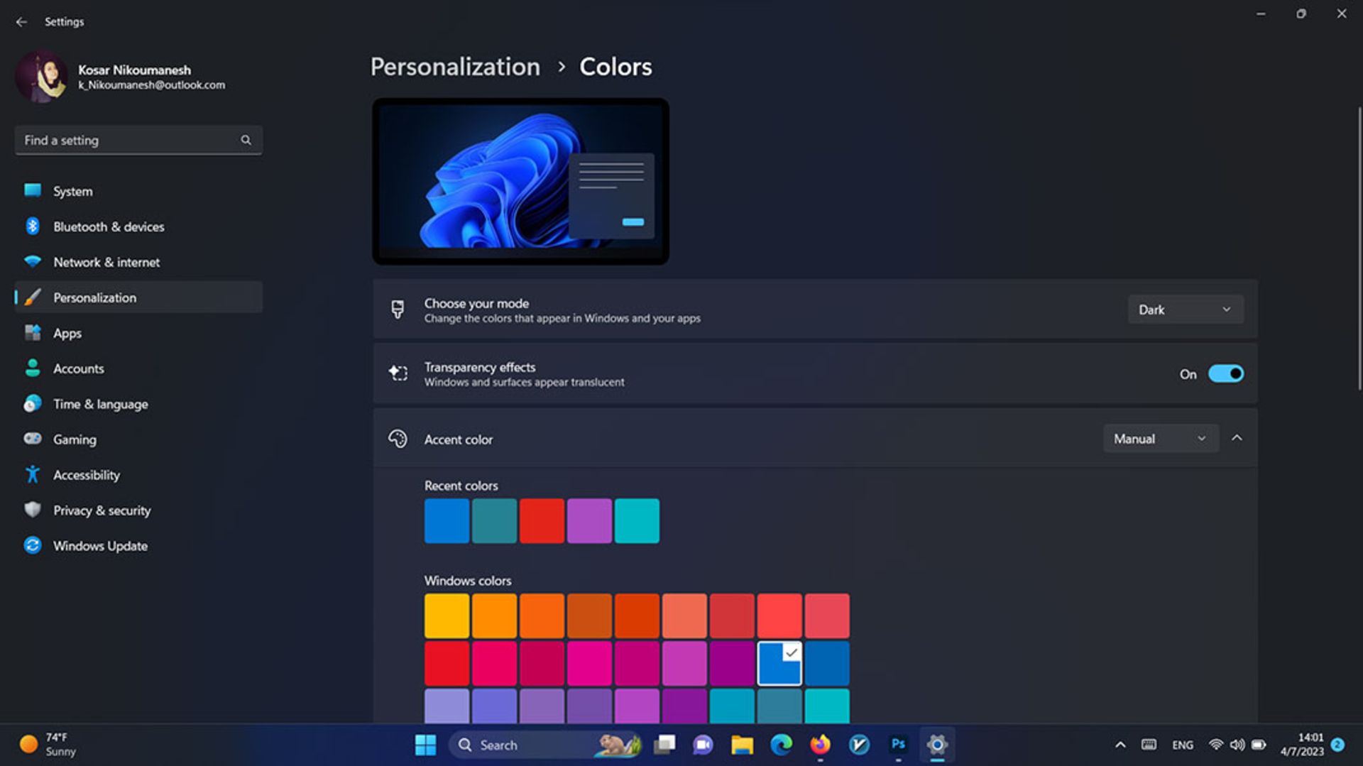 تنظیمات Colors