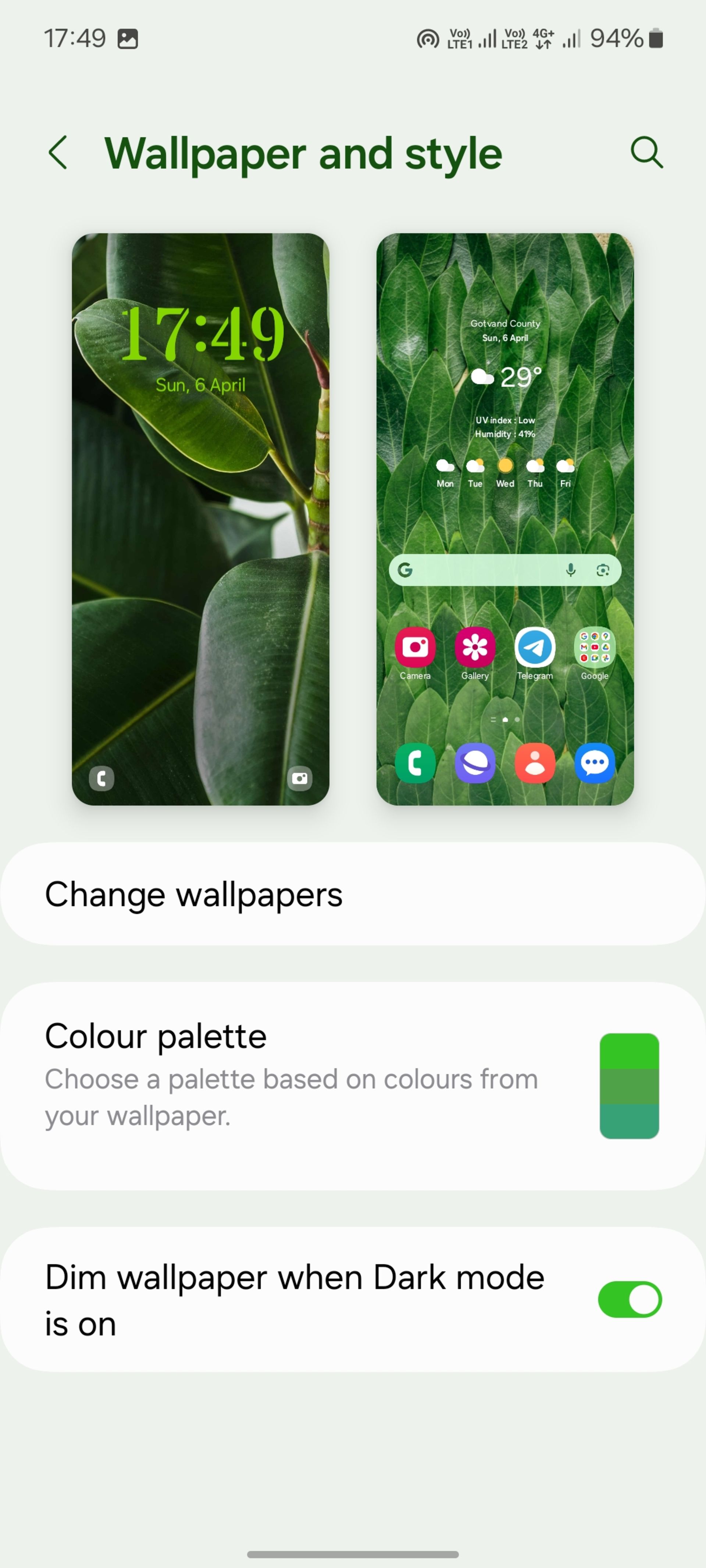 Colour palette گوشی سامسونگ